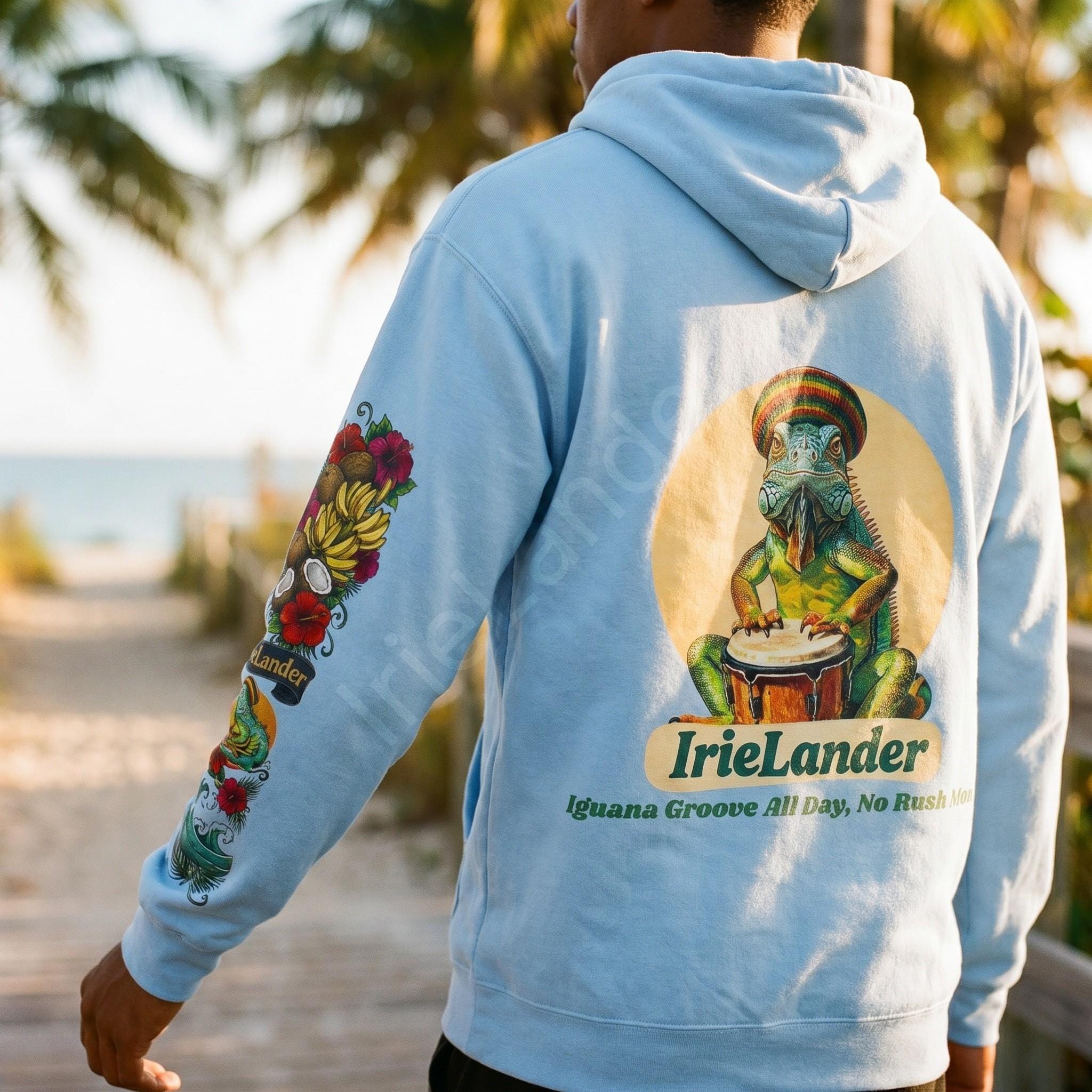 IrieLander® Jamaica Iguana Bongo Drum Zip Up Hoodie, reggae inspired art, sleeve print, view 3