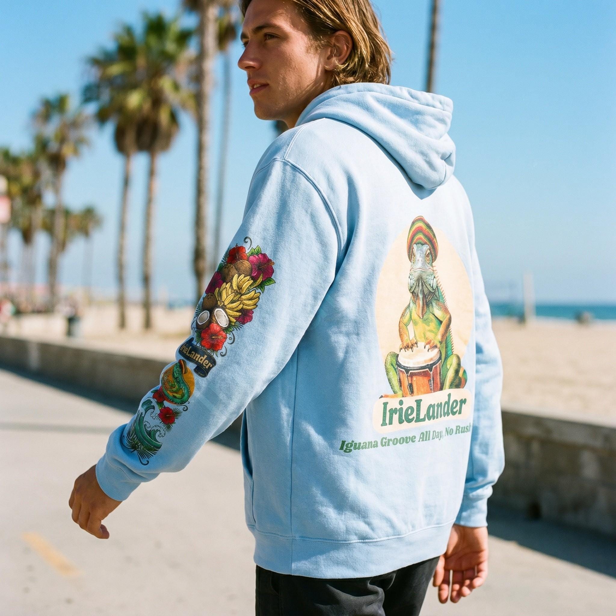 IrieLander® Jamaica Iguana Bongo Drum Zip Up Hoodie, reggae inspired art, sleeve print, view 4