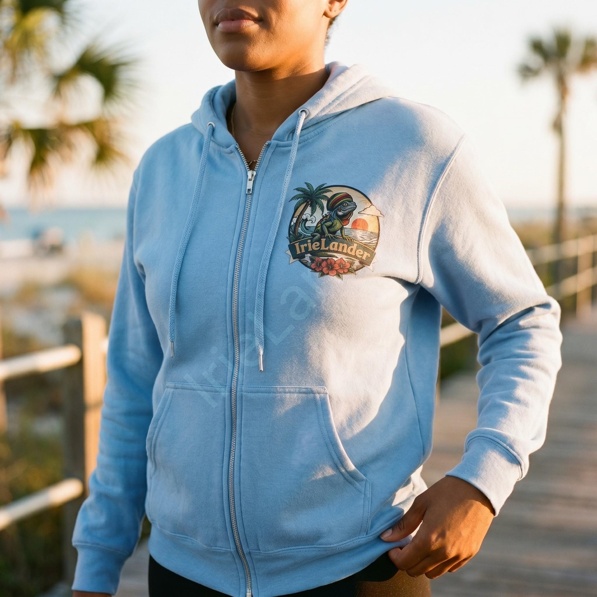 IrieLander® Jamaica Iguana Bongo Drum Zip Up Hoodie, reggae inspired art, sleeve print, view 5