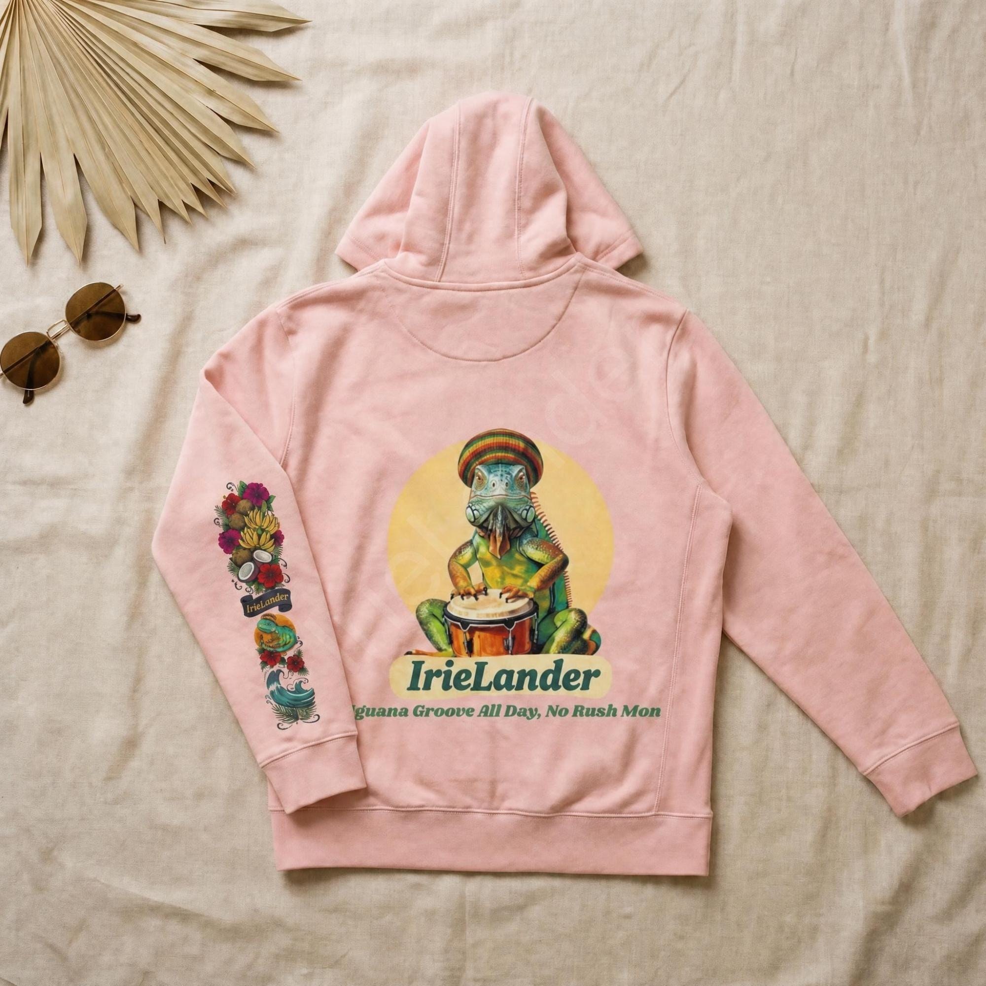 IrieLander® Jamaica Iguana Bongo Drum Zip Up Hoodie, reggae inspired art, sleeve print, view 7