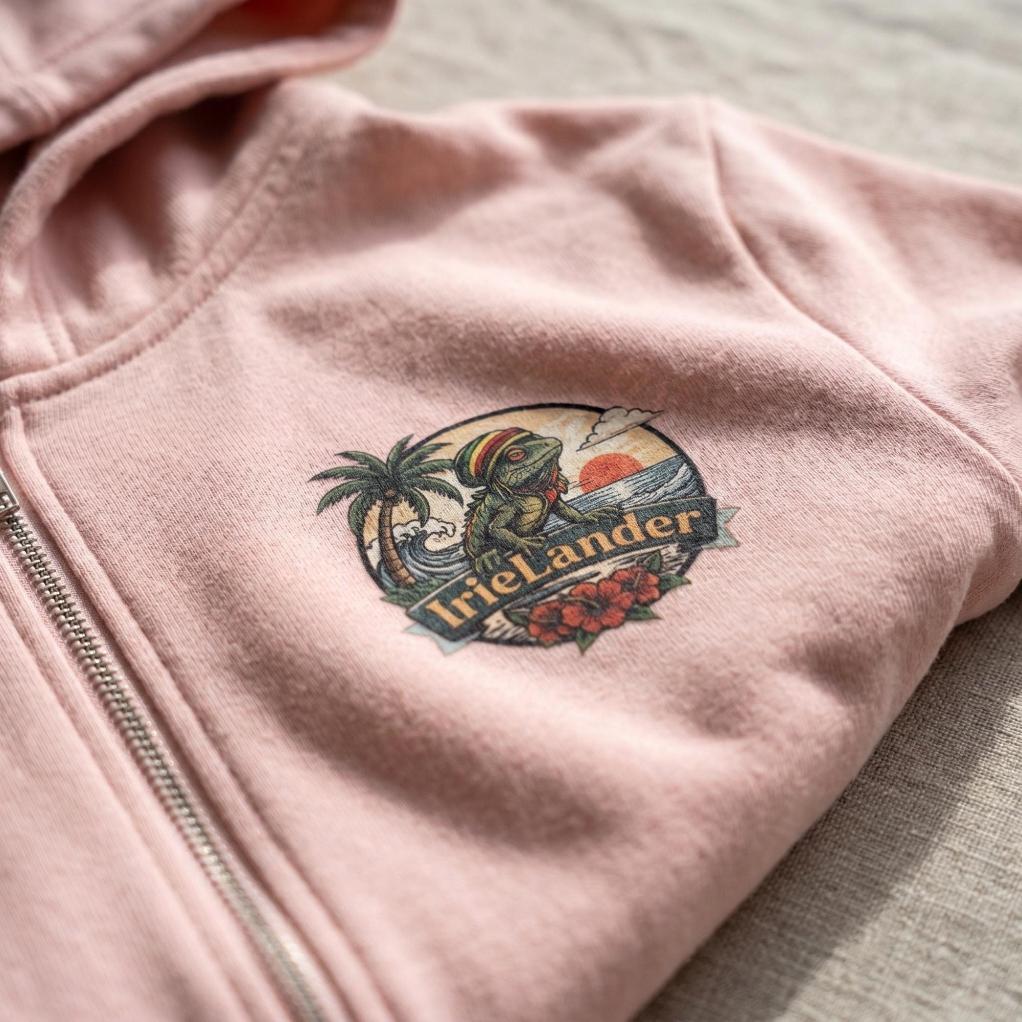IrieLander® Jamaica Iguana Bongo Drum Zip Up Hoodie, reggae inspired art, sleeve print, view 8