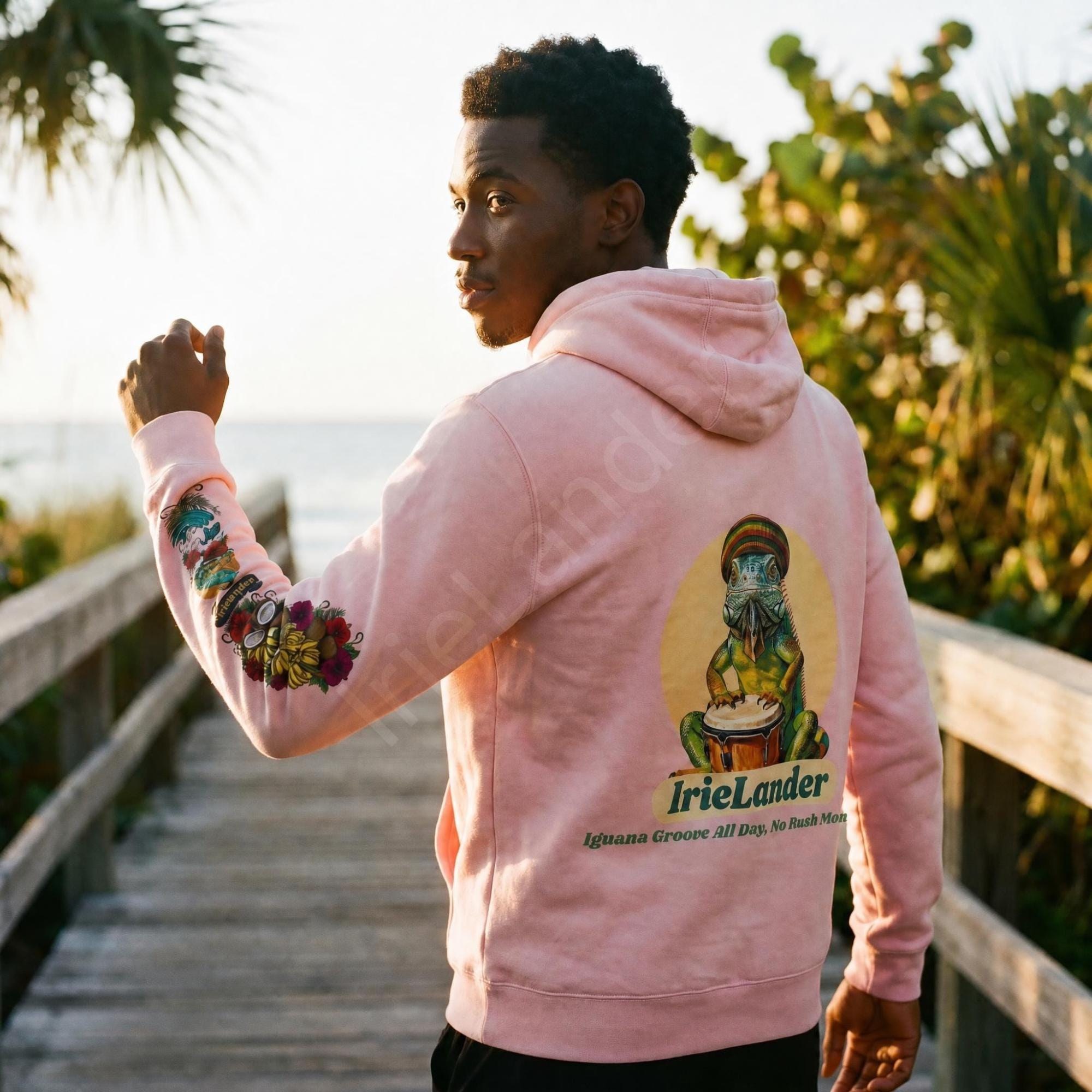 IrieLander® Jamaica Iguana Bongo Drum Zip Up Hoodie, reggae inspired art, sleeve print, view 9