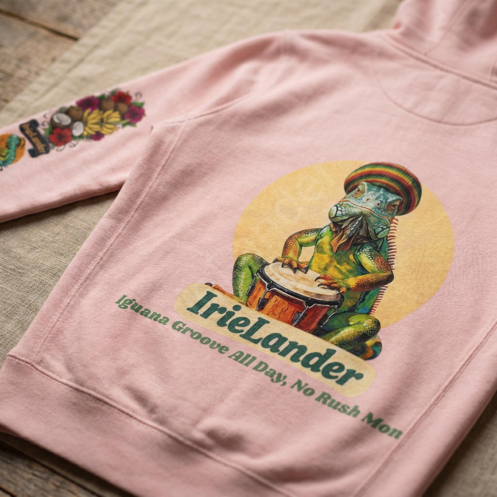 IrieLander® Jamaica Iguana Bongo Drum Zip Up Hoodie, reggae inspired art, sleeve print, view 10