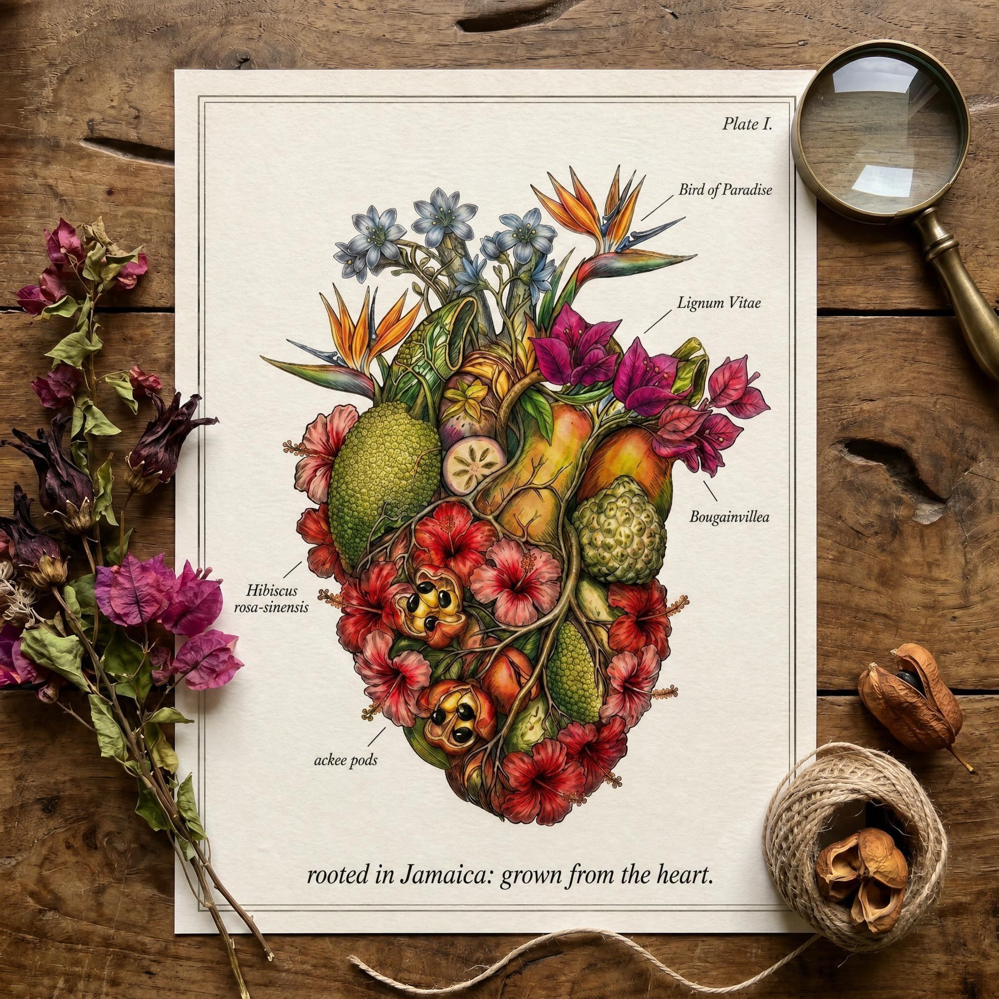 Anatomical Art, Jamaica Heart Print, style floral illustration, Jamaica wall decor