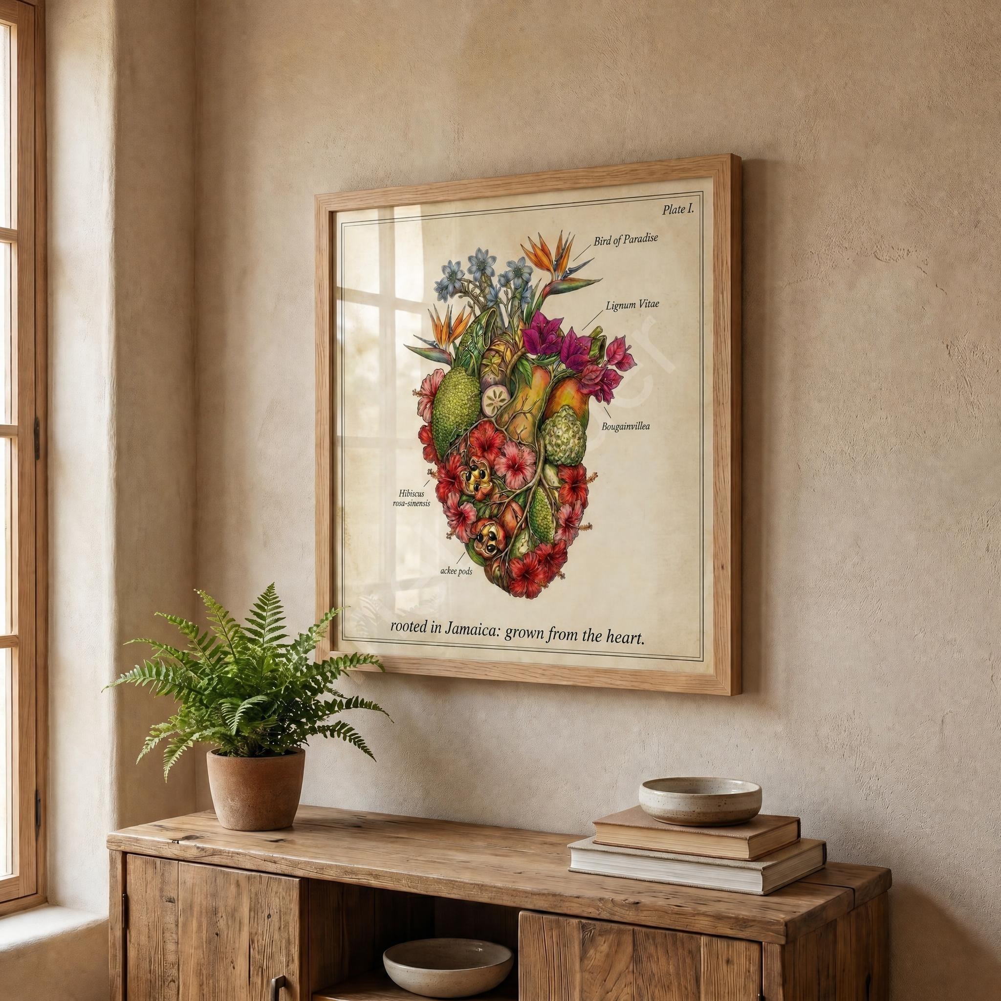 Anatomical Art, Jamaica Heart Print, style floral illustration, Jamaica wall decor, view 2