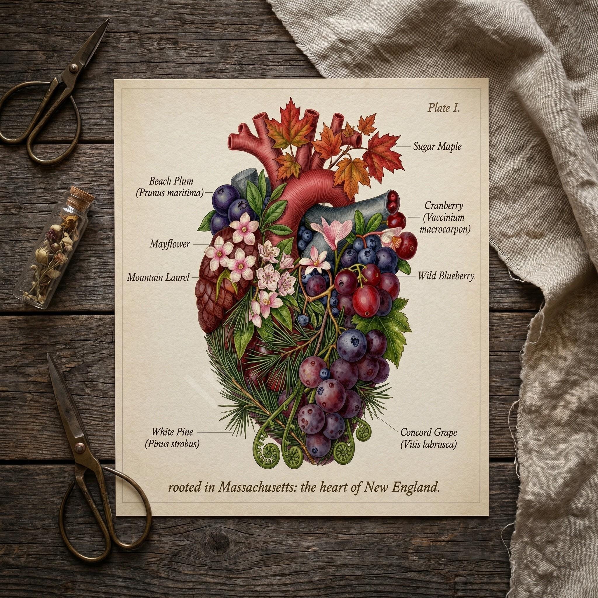 Anatomical Art, Massachusetts Art Print, style floral illustration, New England wall decor
