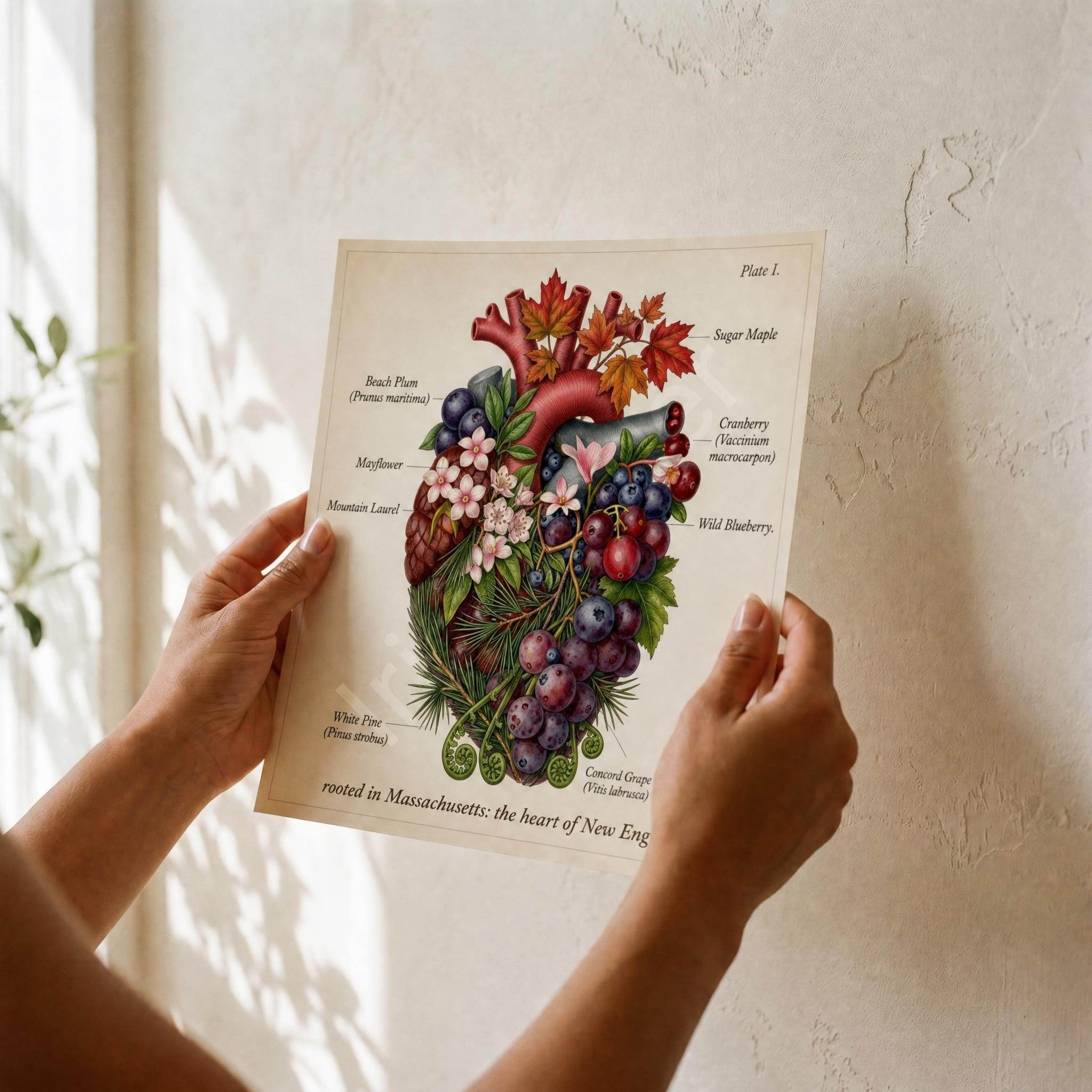 Anatomical Art, Massachusetts Art Print, style floral illustration, New England wall decor, view 2