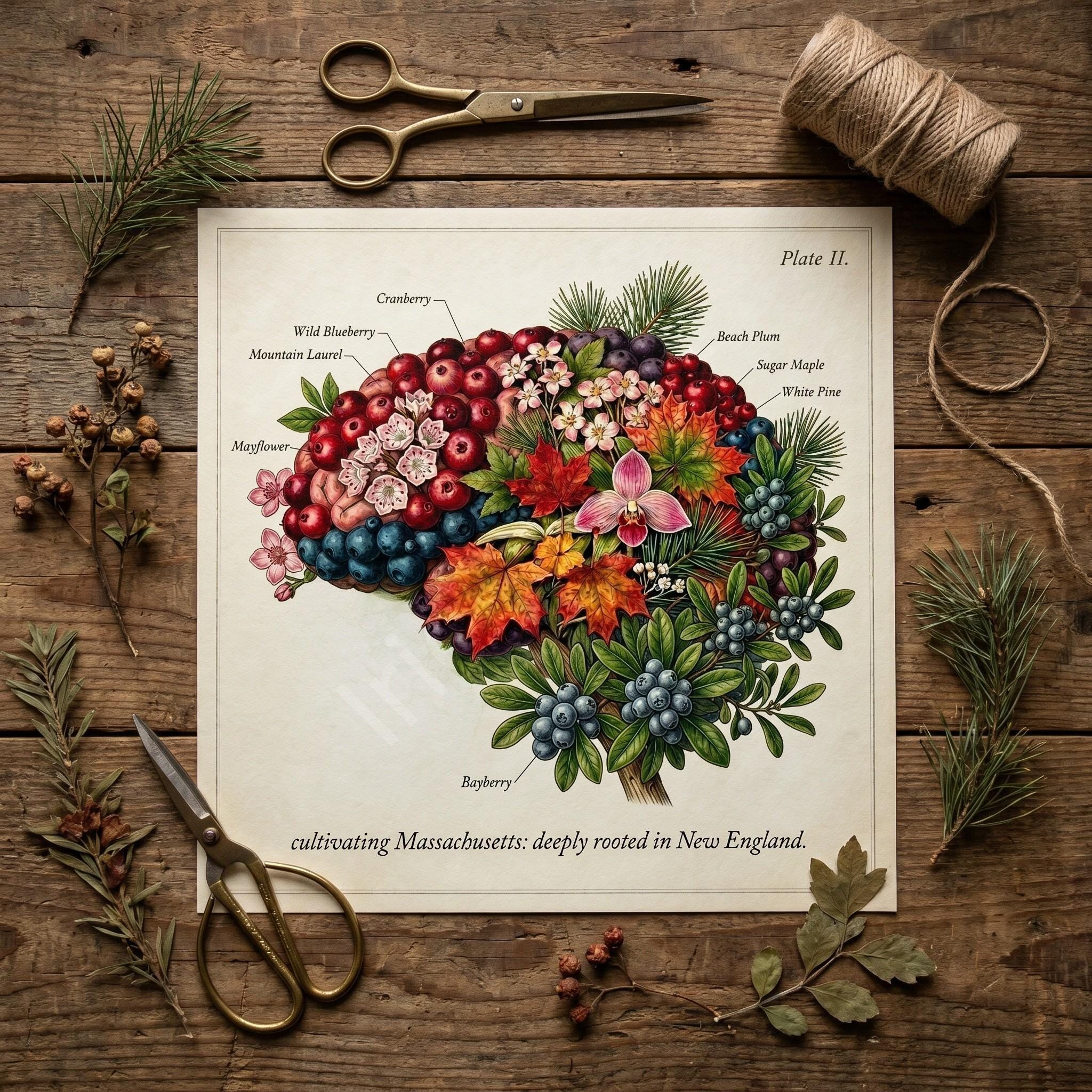 Anatomical Art, Massachusetts Art Print, style floral illustration, New England wall decor, view 4