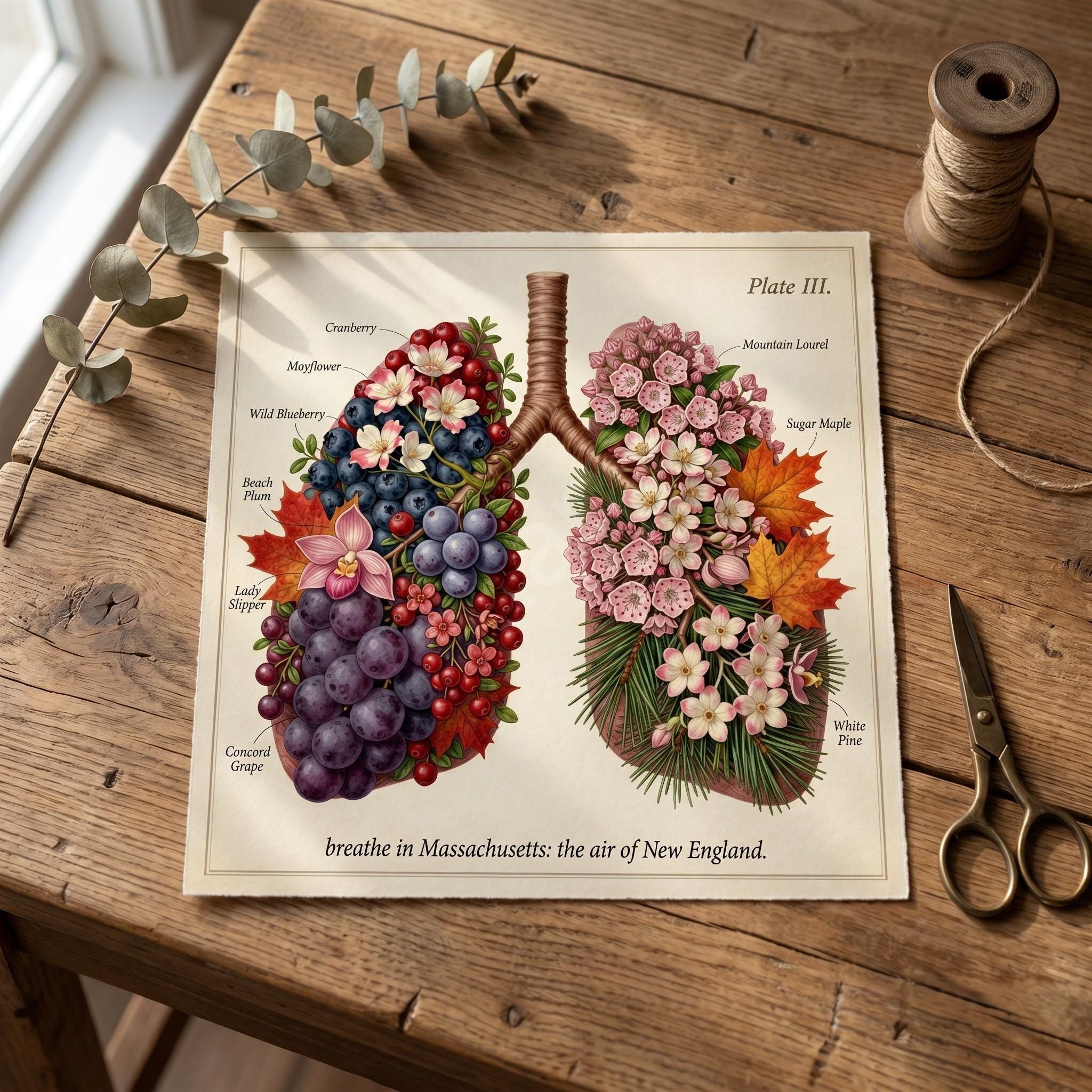 Anatomical Art, Massachusetts Art Print, style floral illustration, New England wall decor, view 6