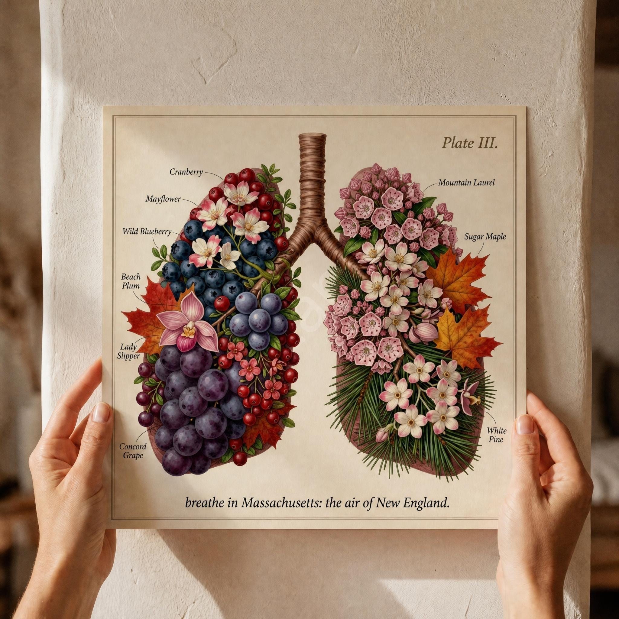 Anatomical Art, Massachusetts Art Print, style floral illustration, New England wall decor, view 8