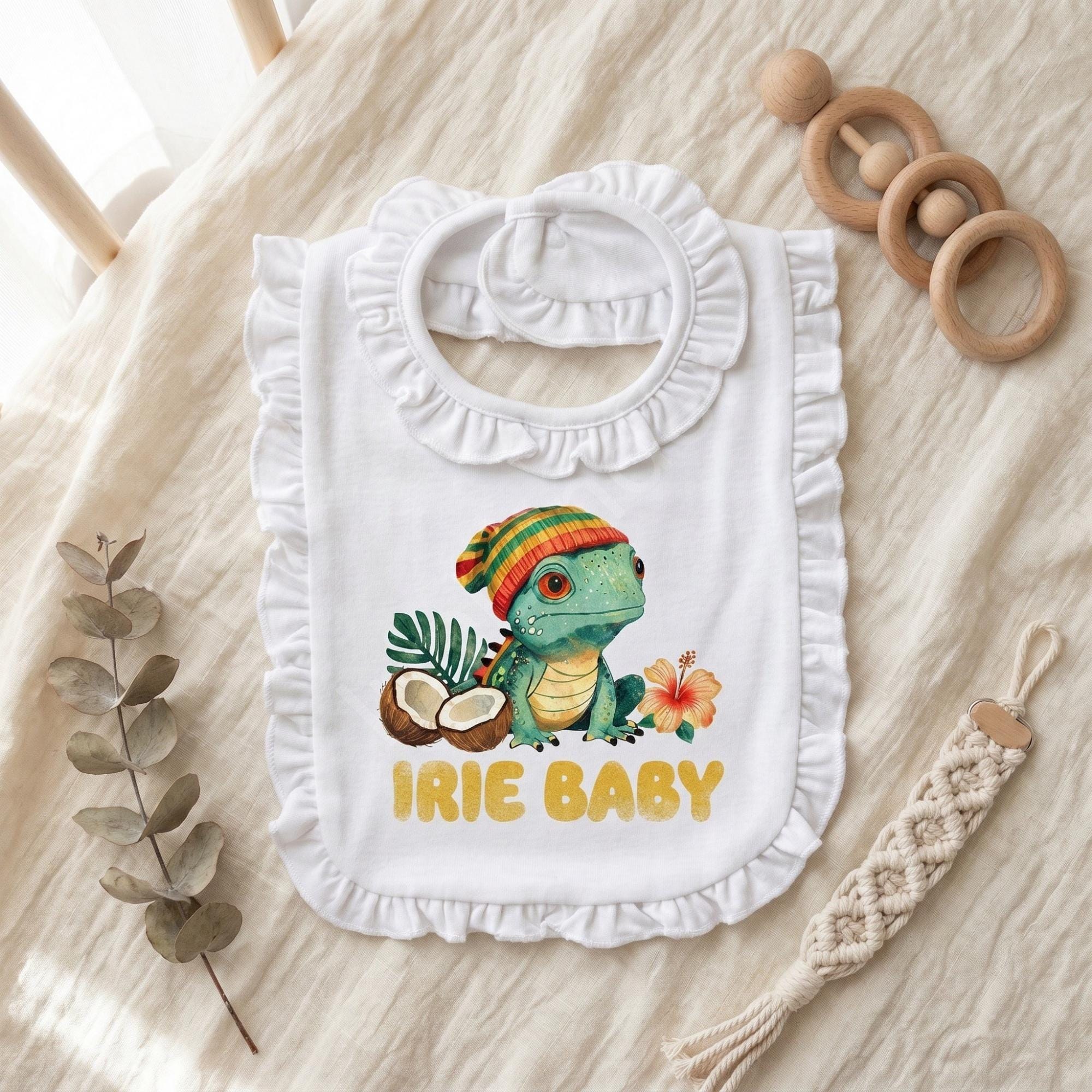 Irie Jamaica Baby Bib, vintage graphic print, ruffle bib option, Iguana art