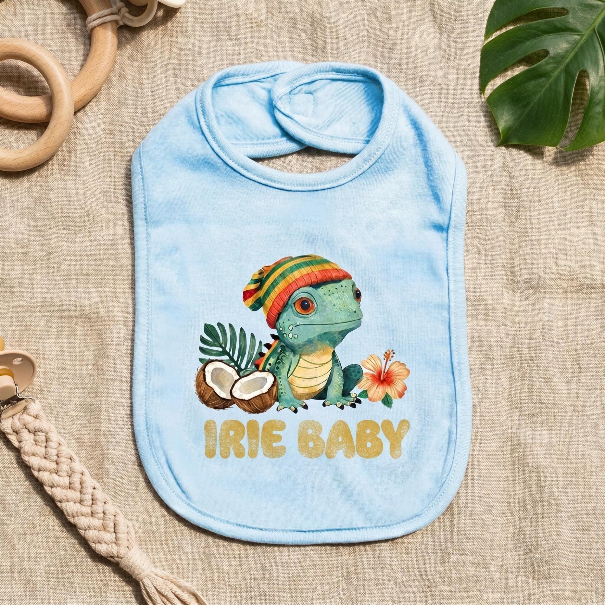 Irie Jamaica Baby Bib, vintage graphic print, ruffle bib option, Iguana art, view 2