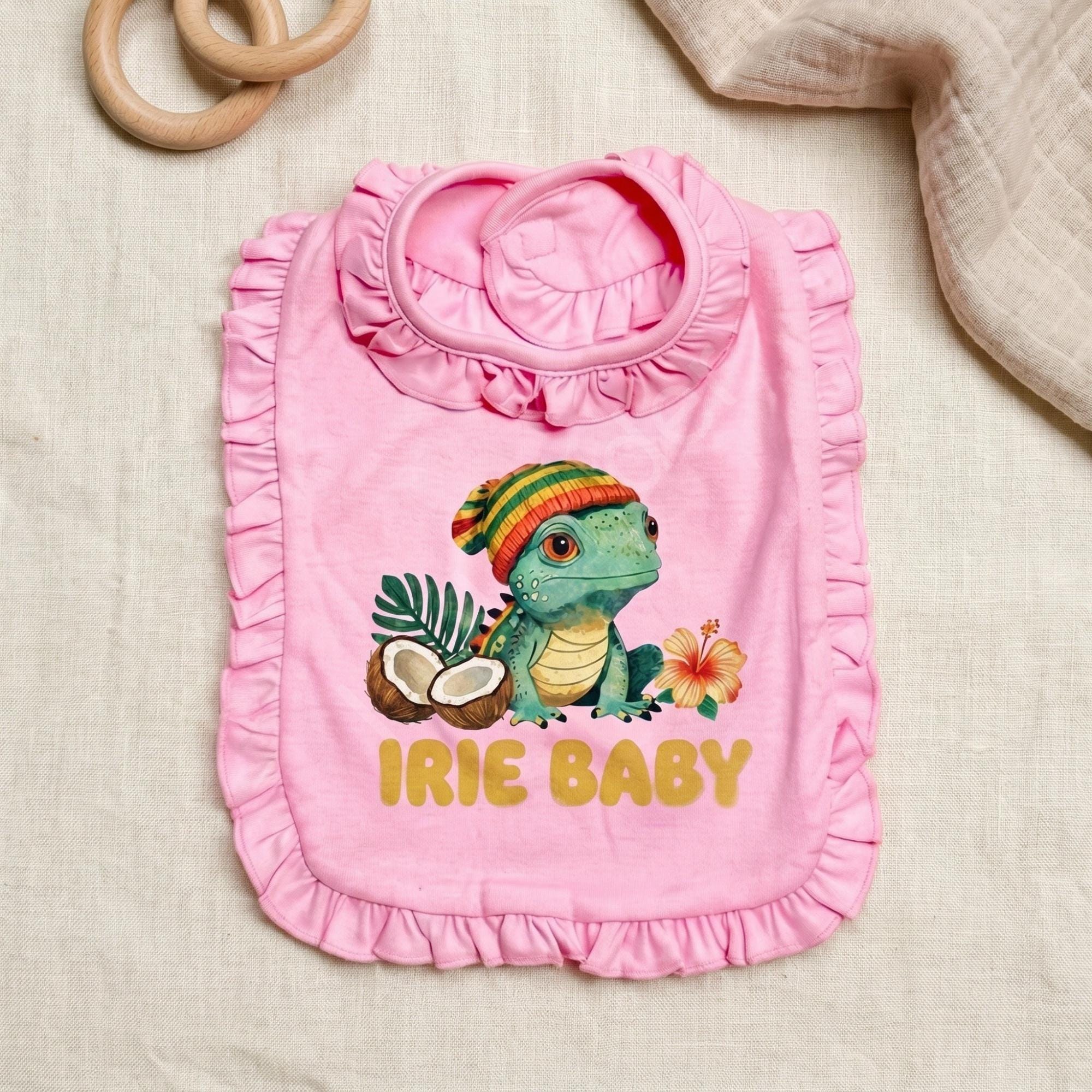 Irie Jamaica Baby Bib, vintage graphic print, ruffle bib option, Iguana art, view 3