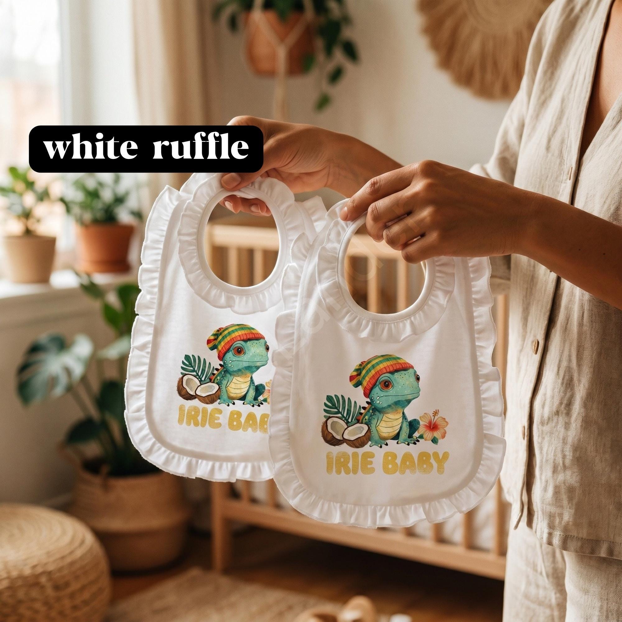 Irie Jamaica Baby Bib, vintage graphic print, ruffle bib option, Iguana art, view 4
