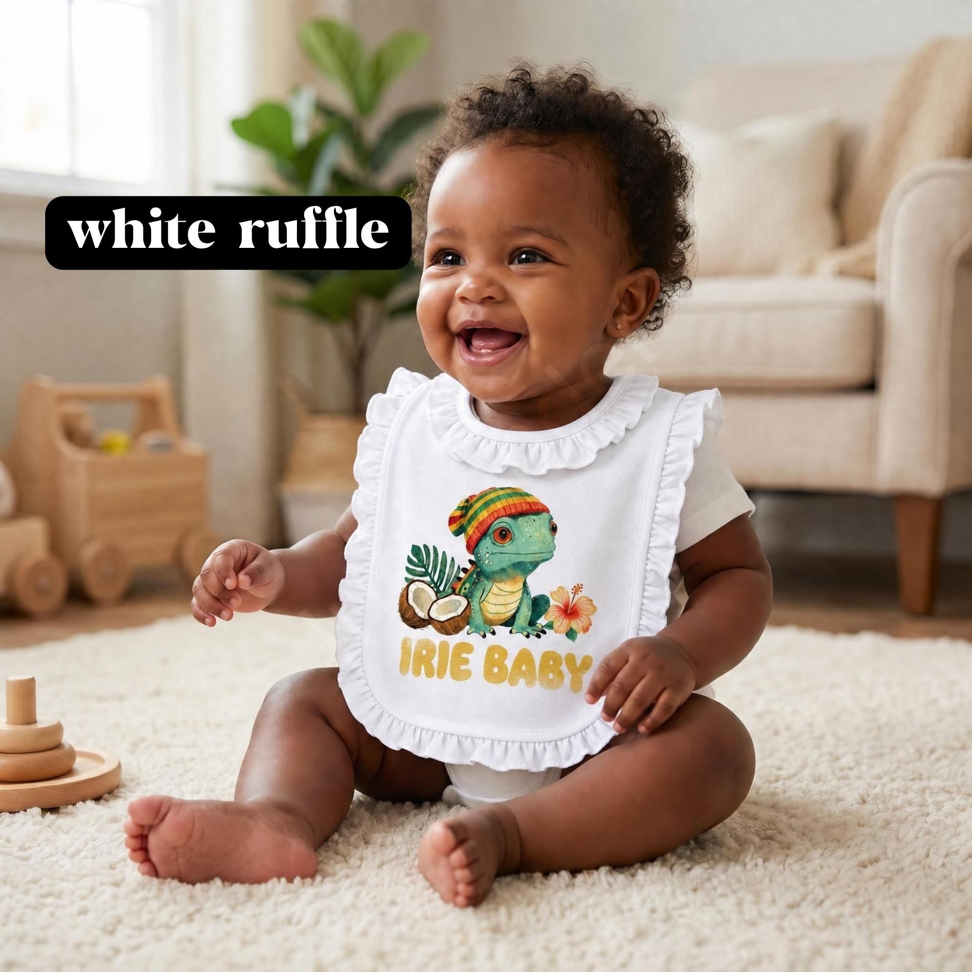 Irie Jamaica Baby Bib, vintage graphic print, ruffle bib option, Iguana art, view 7
