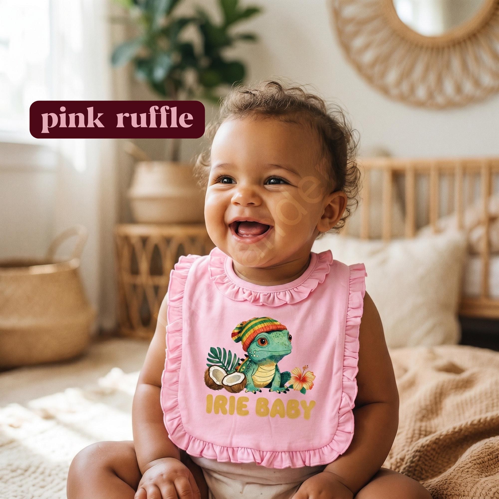 Irie Jamaica Baby Bib, vintage graphic print, ruffle bib option, Iguana art, view 8