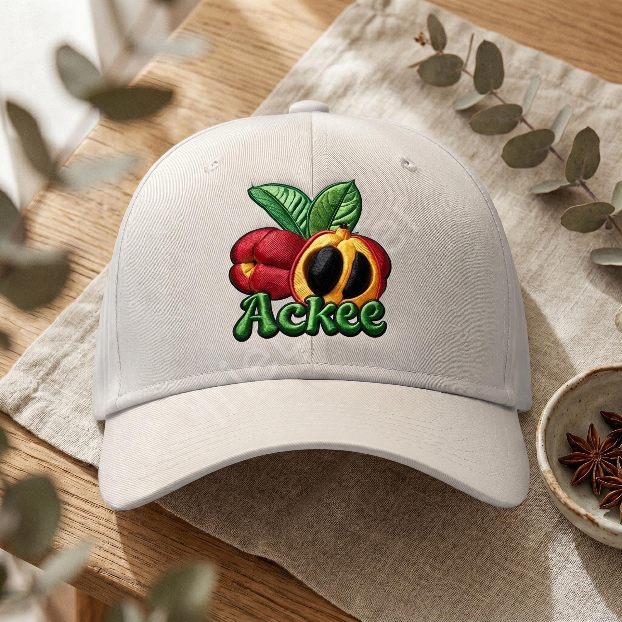 Jamaica Ackee Twill Cap, snapback, adjustable fit, island fruit design, reggae vibe