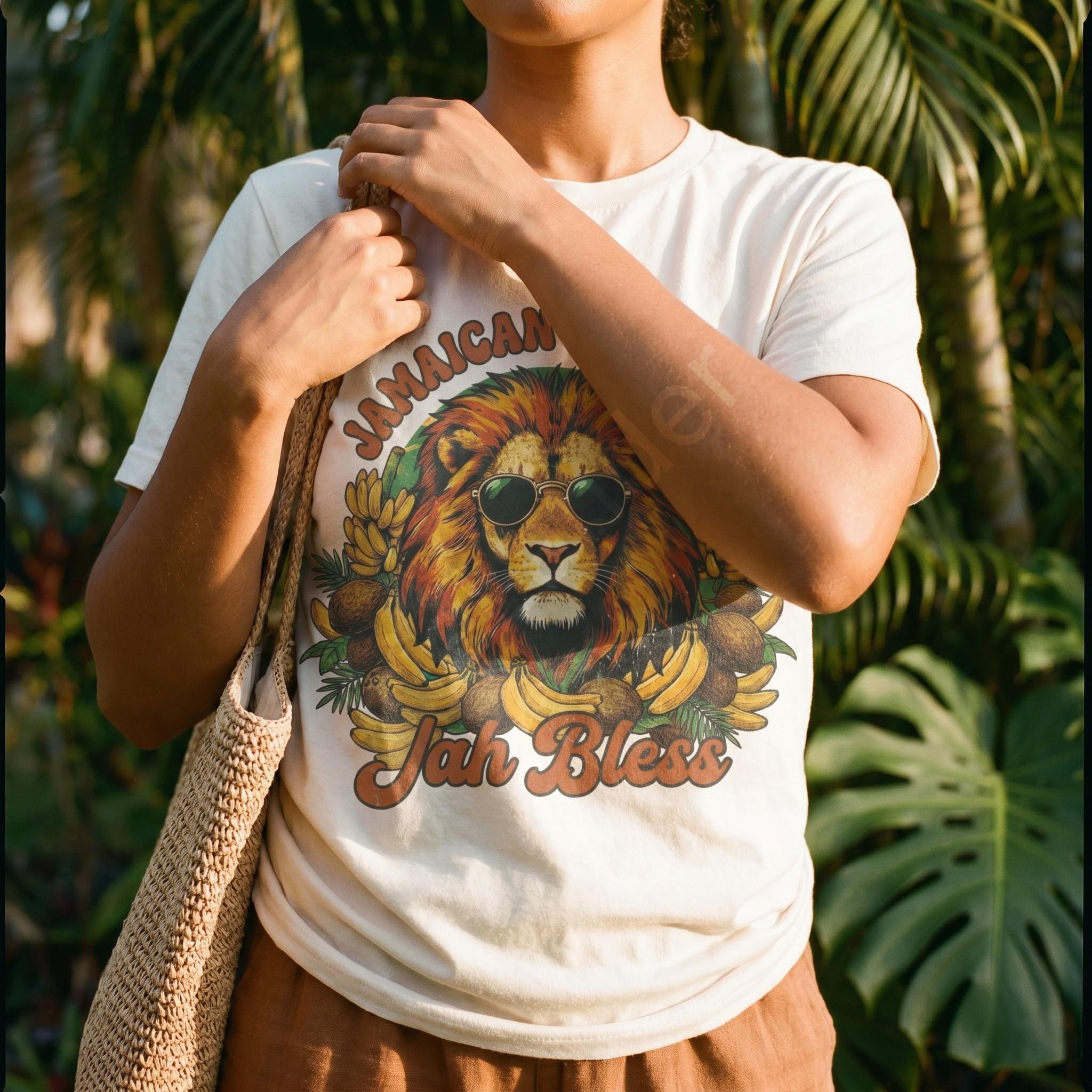 Jamaican Original Rasta Lion Graphic Tee, Jah Bless Caribbean Vacation Shirt, reggae art, view 2