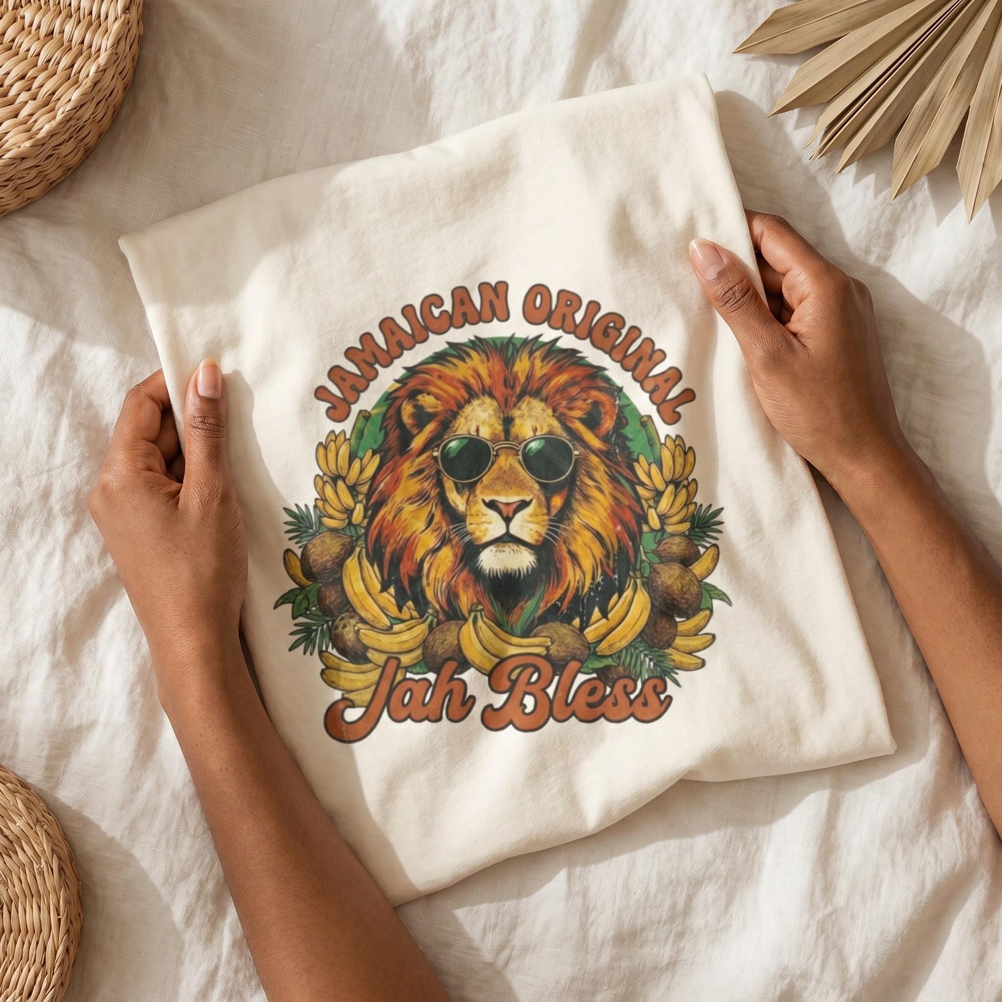 Jamaican Original Rasta Lion Graphic Tee, Jah Bless Caribbean Vacation Shirt, reggae art, view 5