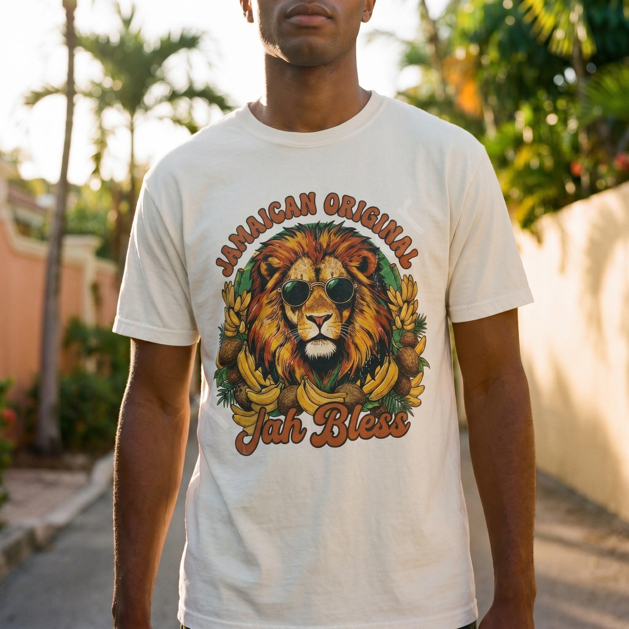 Jamaican Original Rasta Lion Graphic Tee, Jah Bless Caribbean Vacation Shirt, reggae art, view 6