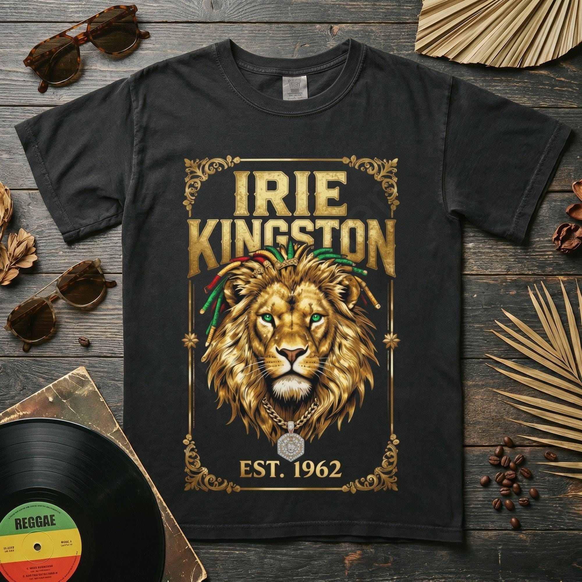 Irie Kingston Rasta Lion Jamaica Shirt, front or back print, ivory or black