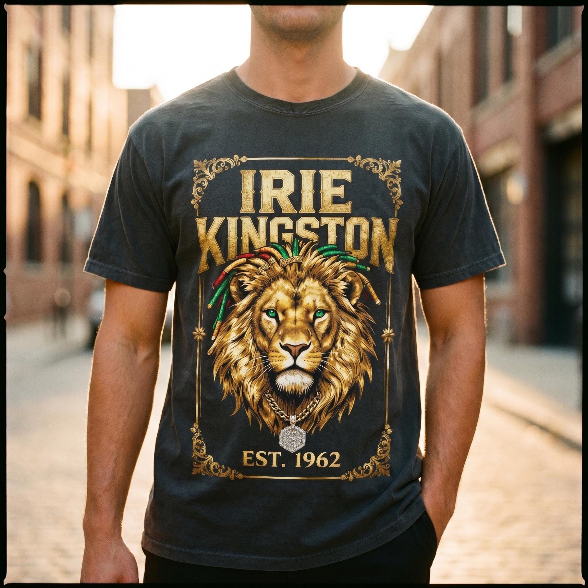 Irie Kingston Rasta Lion Jamaica Shirt, front or back print, ivory or black, view 11