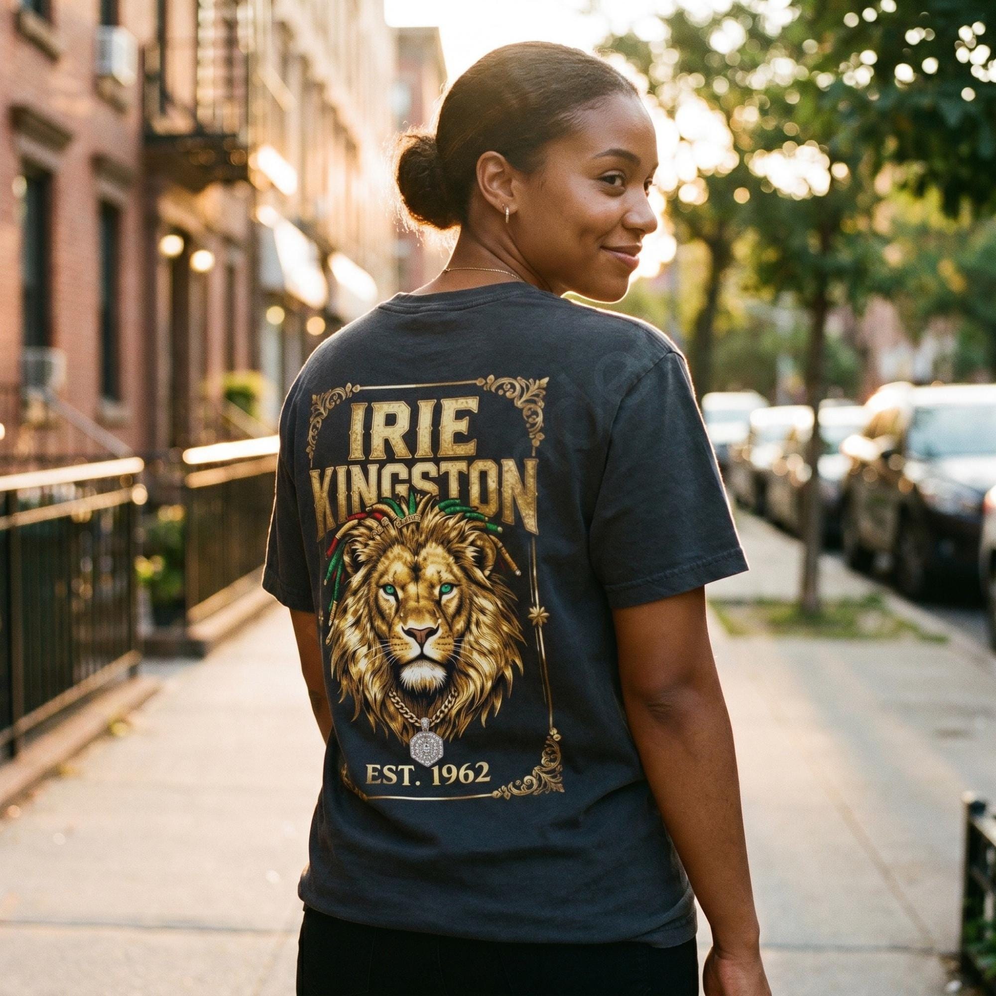 Irie Kingston Rasta Lion Jamaica Shirt, front or back print, ivory or black, view 12