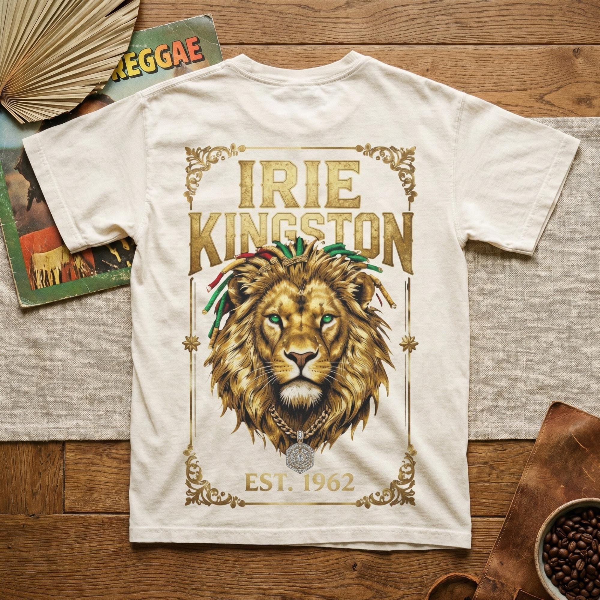 Irie Kingston Rasta Lion Jamaica Shirt, front or back print, ivory or black, view 18
