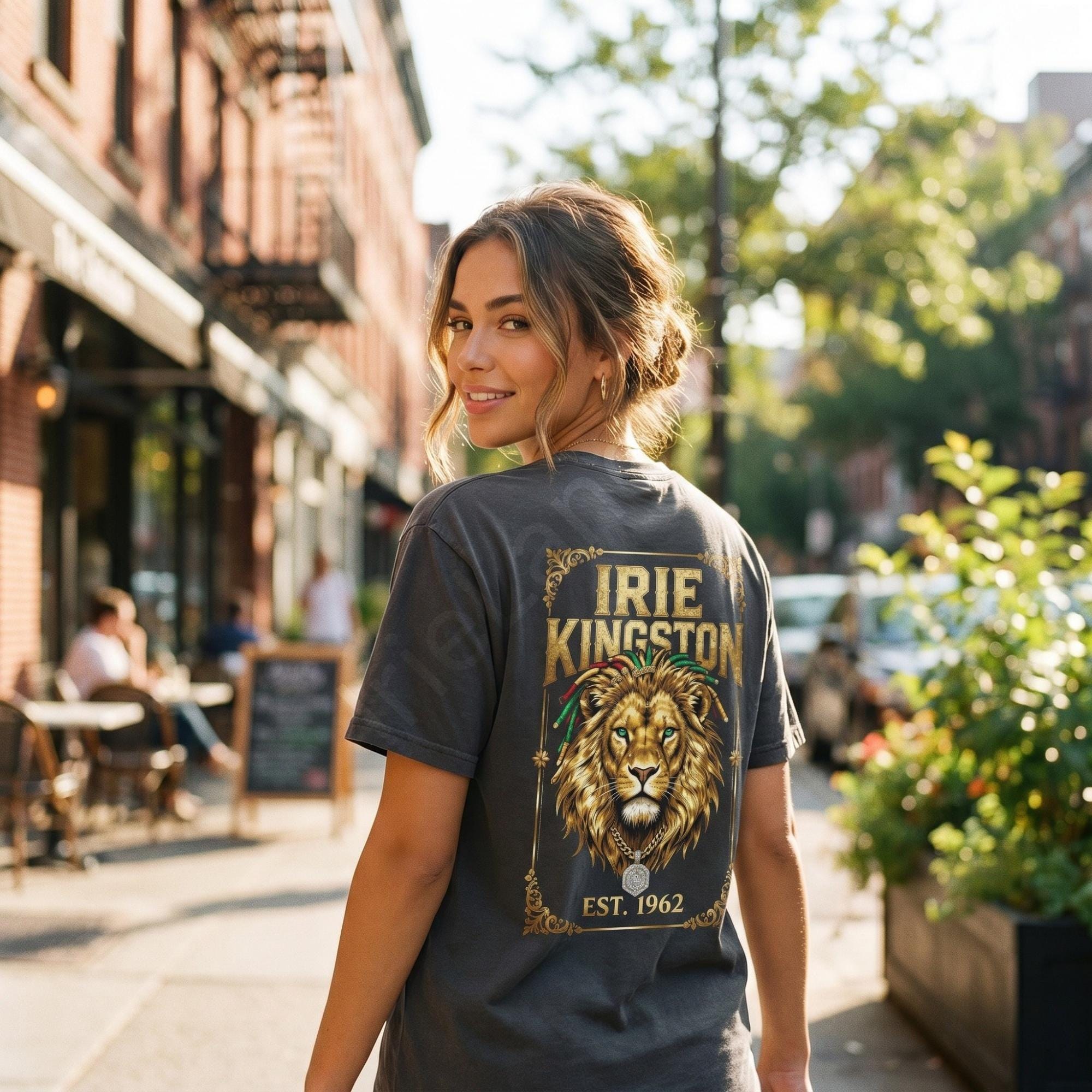 Irie Kingston Rasta Lion Jamaica Shirt, front or back print, ivory or black, view 8