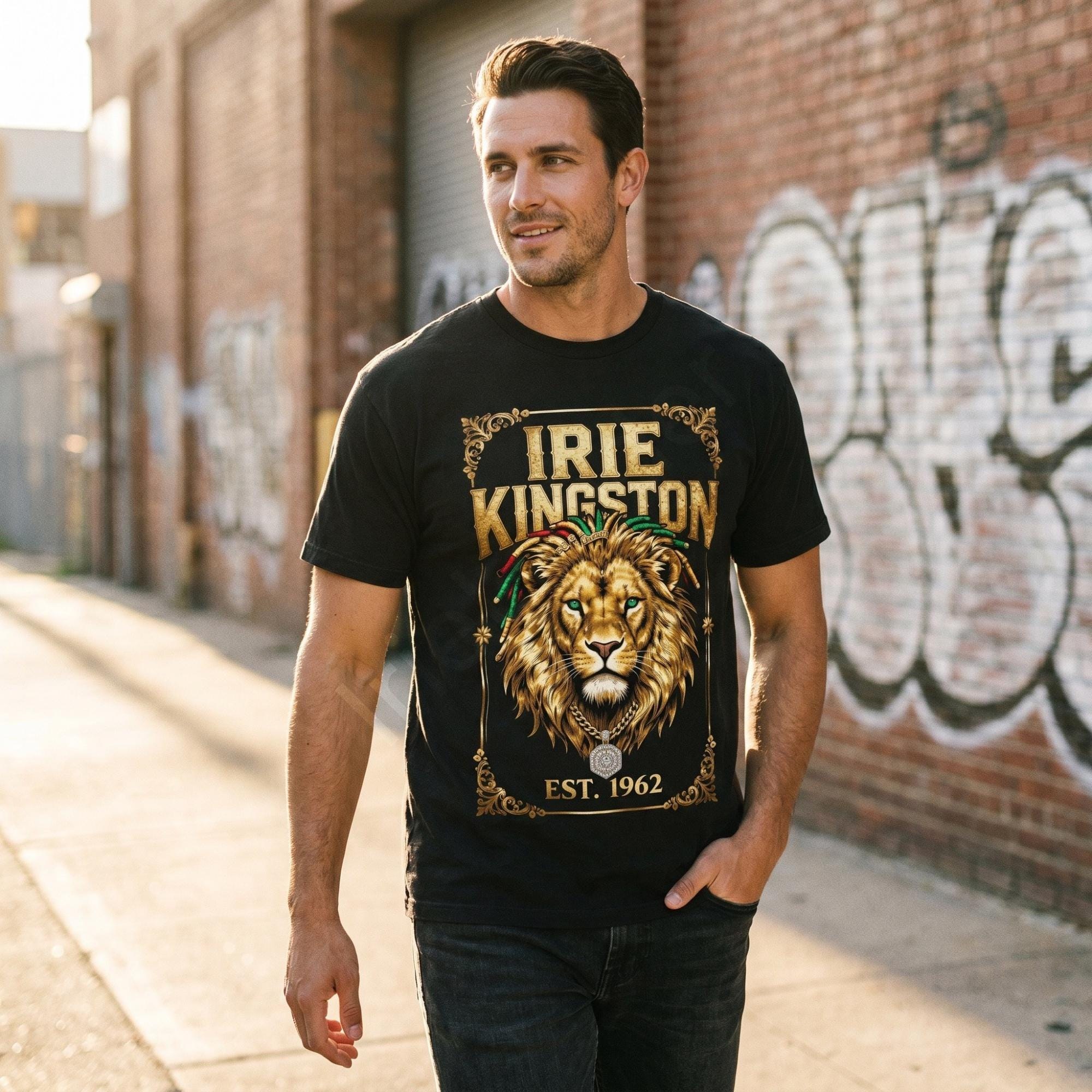 Irie Kingston Rasta Lion Jamaica Shirt, front or back print, ivory or black, view 9