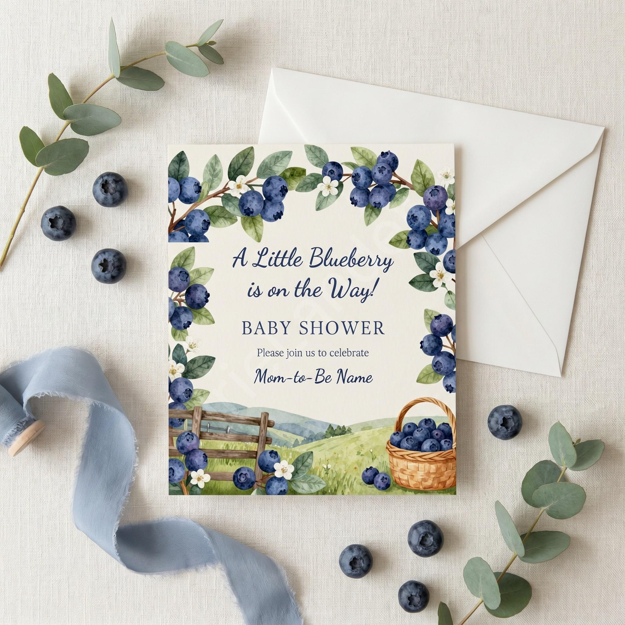 Blueberry Baby Shower Invitation, Set printed and shipped, personalized suite