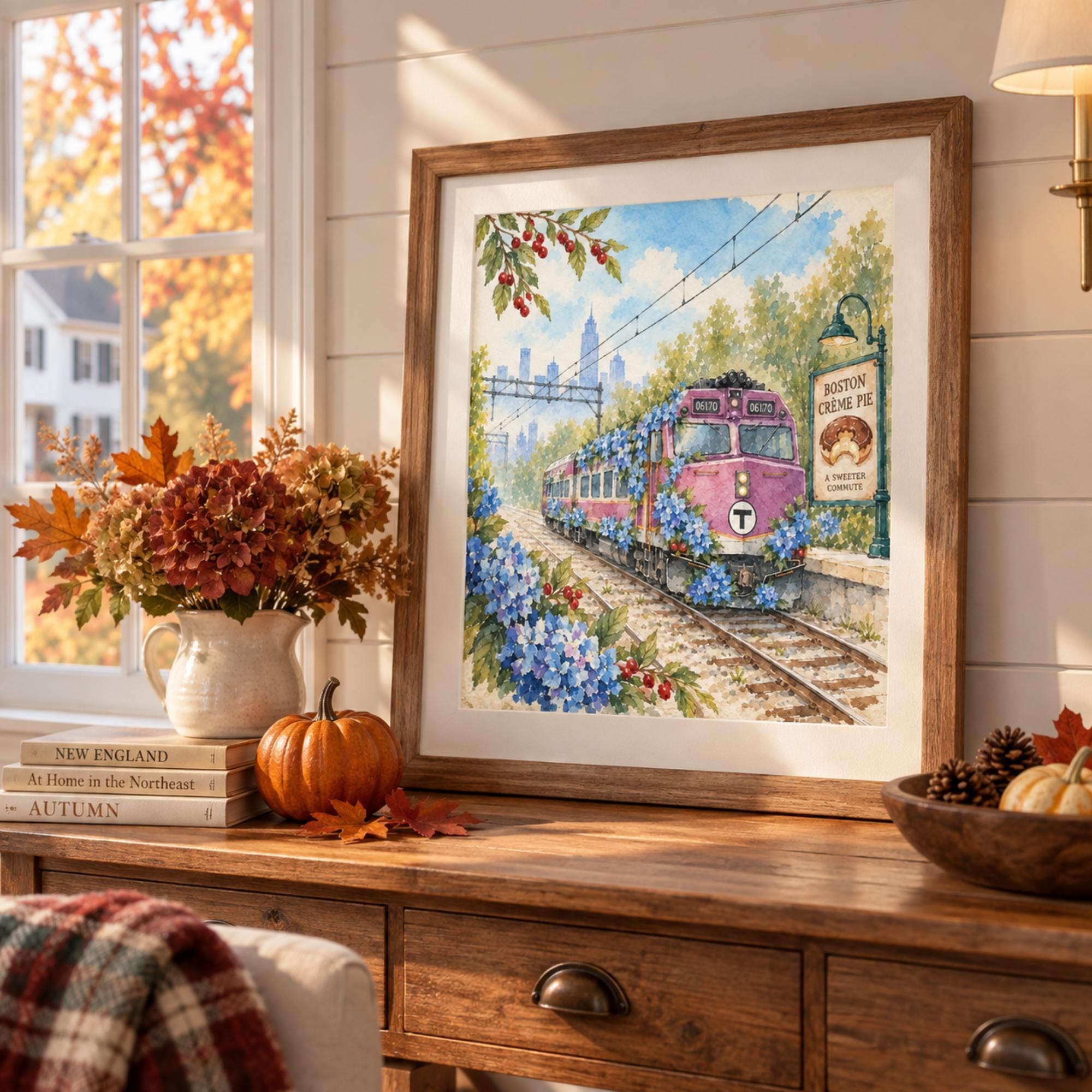 Boston MBTA Train Hydrangea Art Print, Floral Railway Wall Decor (Physical Print)