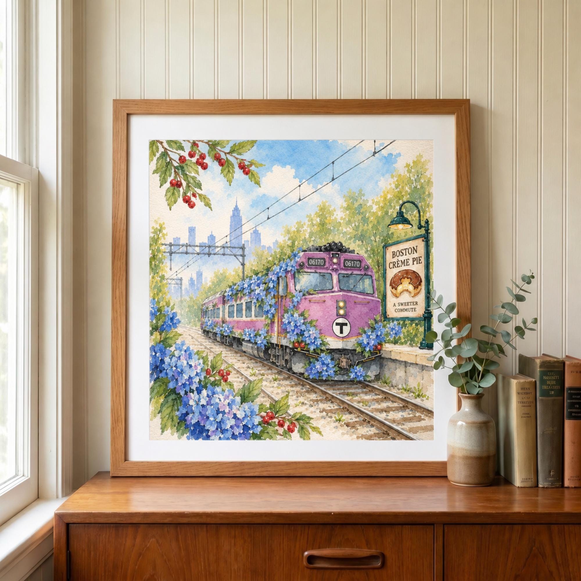 Boston MBTA Train Hydrangea Art Print, Floral Railway Wall Decor (Physical Print), view 2