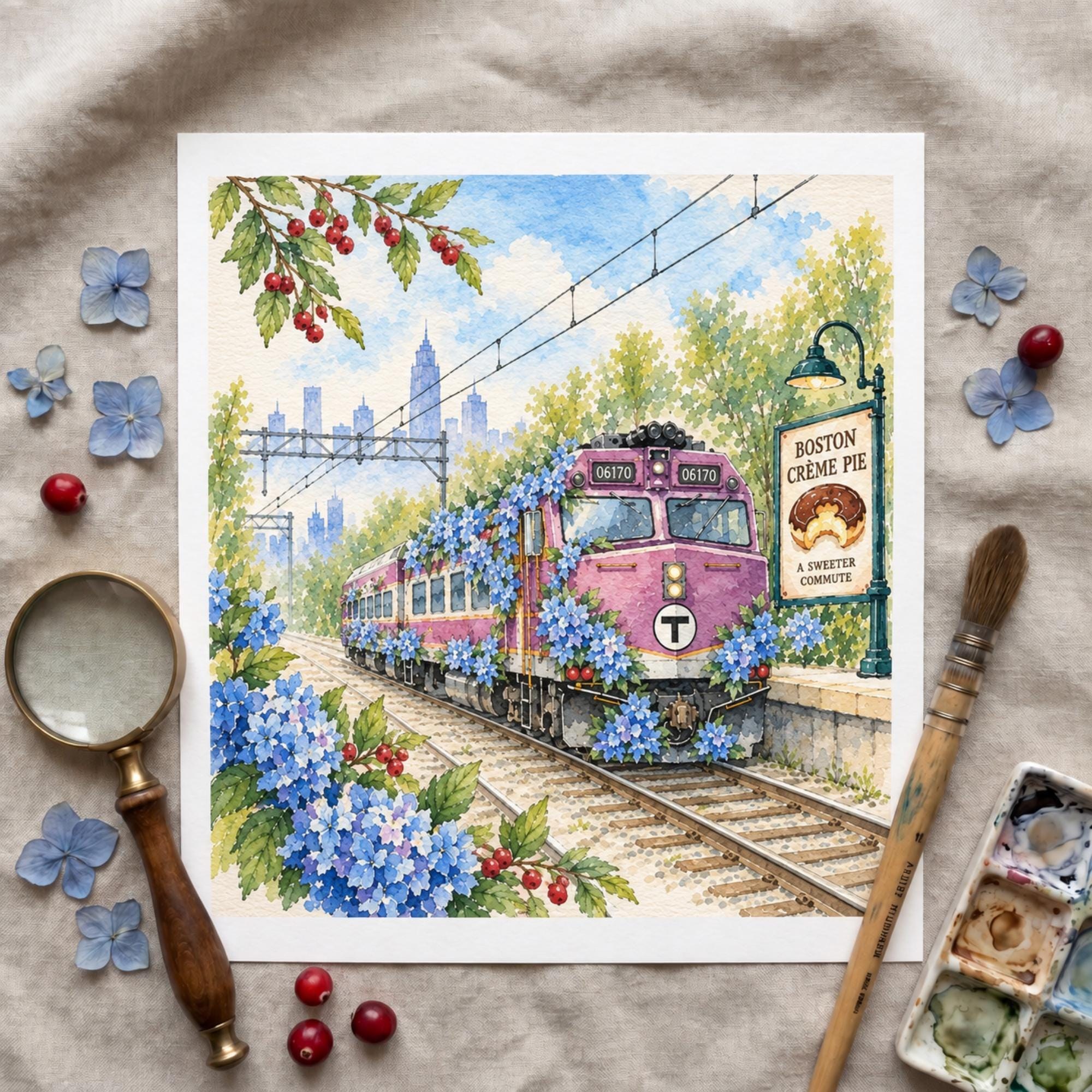 Boston MBTA Train Hydrangea Art Print, Floral Railway Wall Decor (Physical Print), view 4