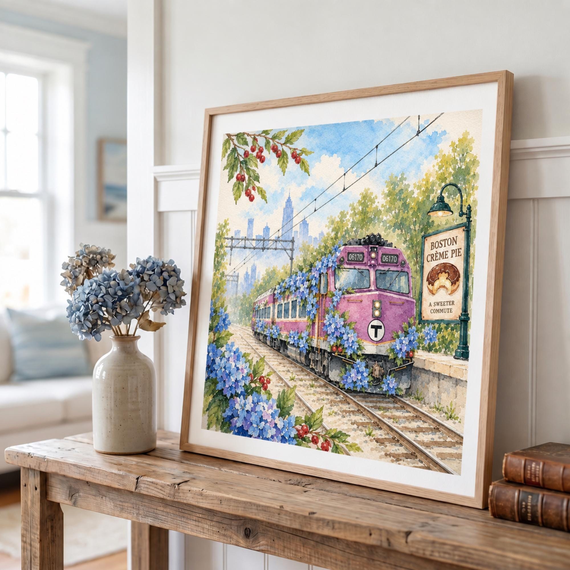 Boston MBTA Train Hydrangea Art Print, Floral Railway Wall Decor (Physical Print), view 5