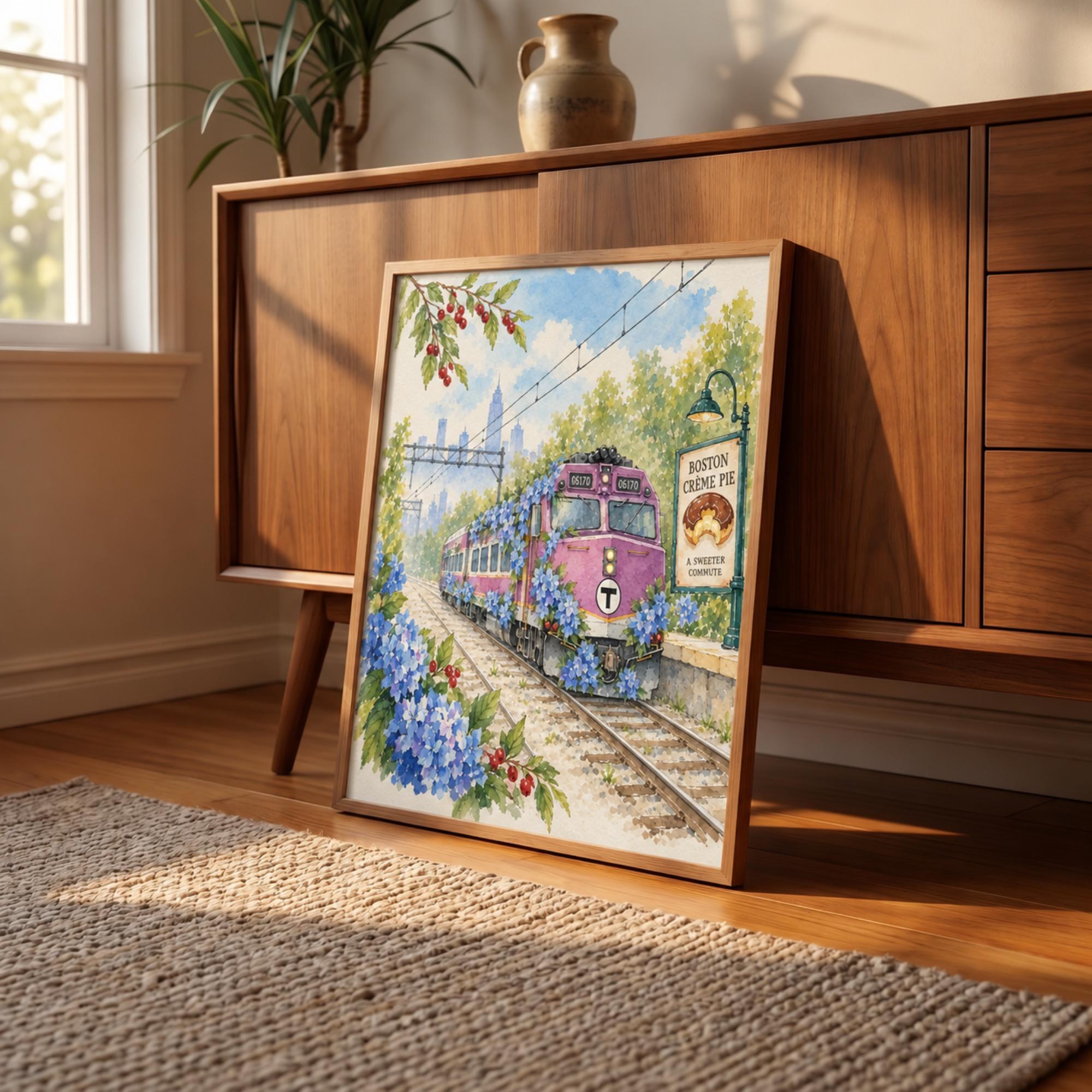 Boston MBTA Train Hydrangea Art Print, Floral Railway Wall Decor (Physical Print), view 6
