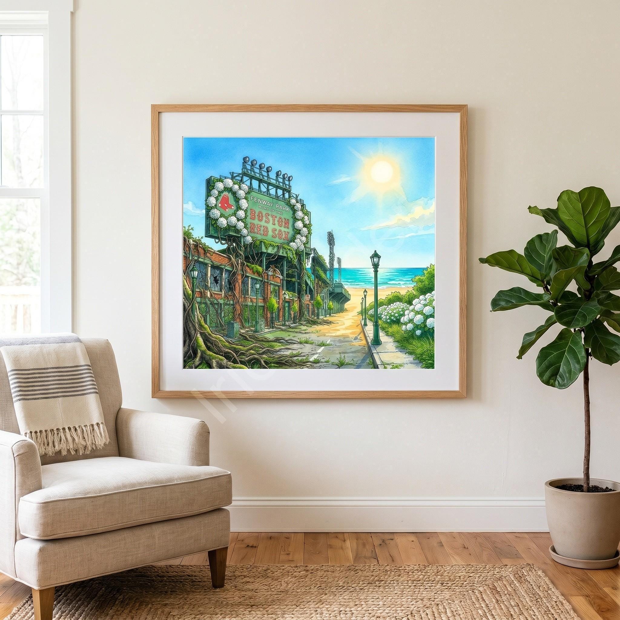 Fenway Park Coastal Art Print, Boston Baseball Stadium Illustration (Physical Print)