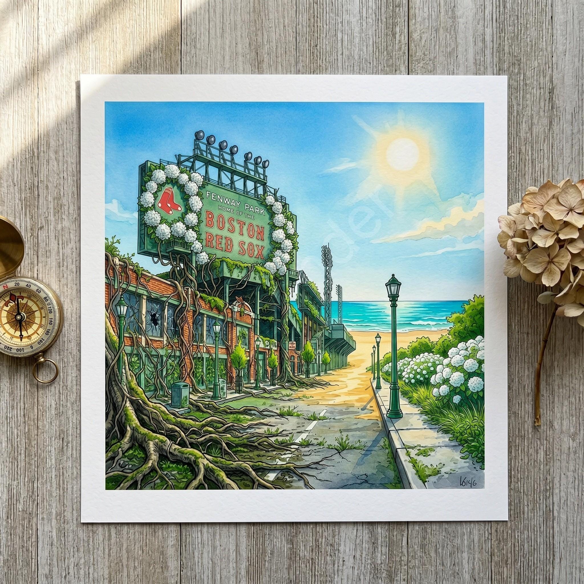 Fenway Park Coastal Art Print, Boston Baseball Stadium Illustration (Physical Print), view 2
