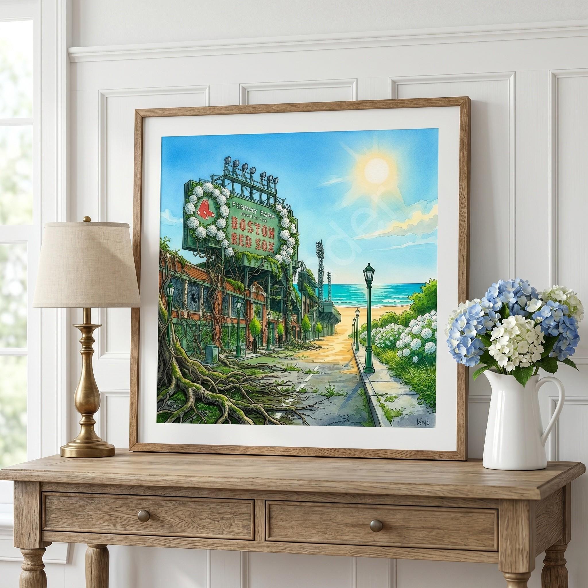Fenway Park Coastal Art Print, Boston Baseball Stadium Illustration (Physical Print), view 5