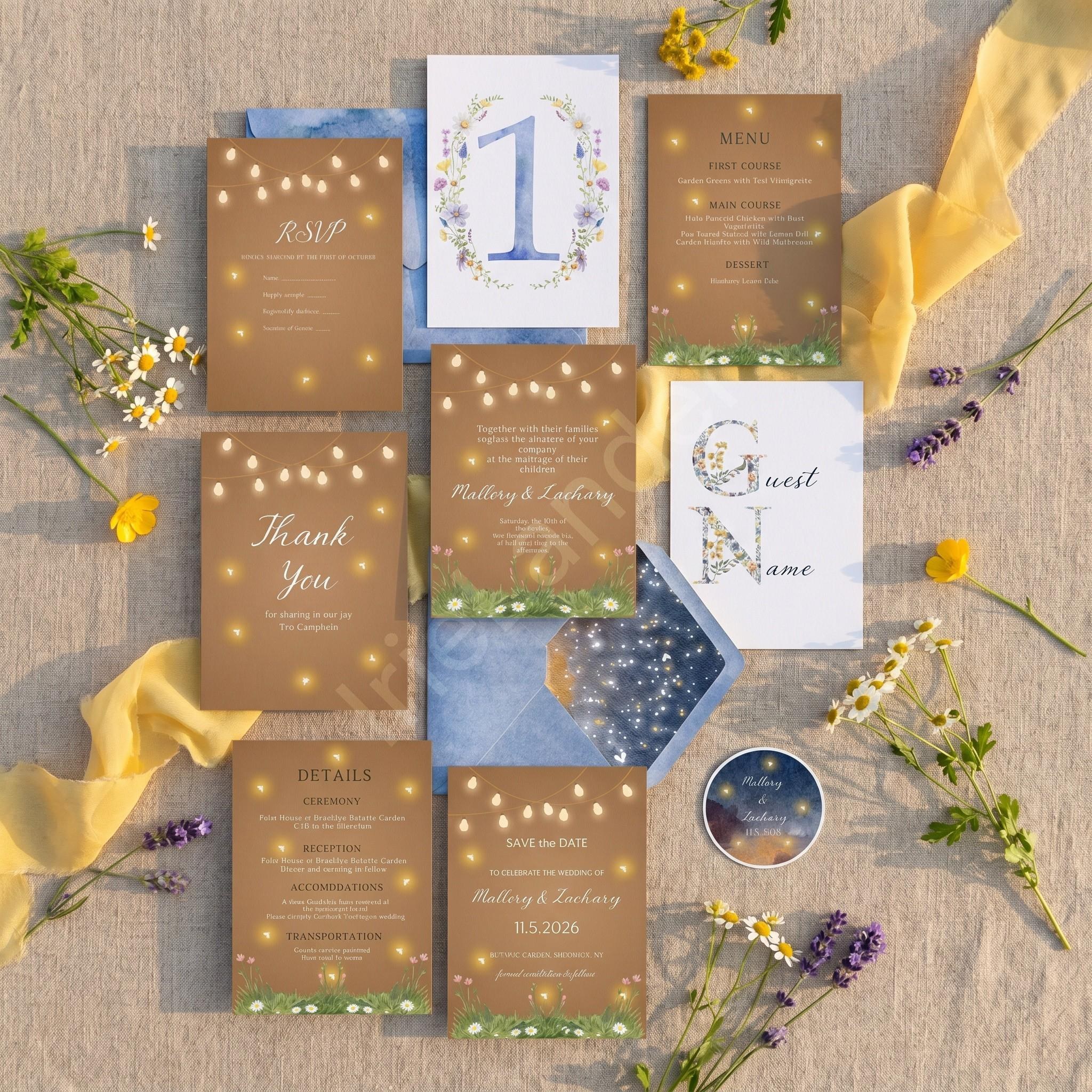 Fireflies Wedding Invitation, Printed Set, Semi Custom, Suite includes envelopes, calligraphy addresses + stamps optional