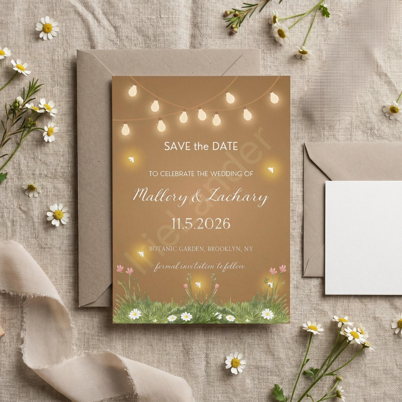 Fireflies Wedding Invitation, Printed Set, Semi Custom, Suite includes envelopes, calligraphy addresses + stamps optional, view 2