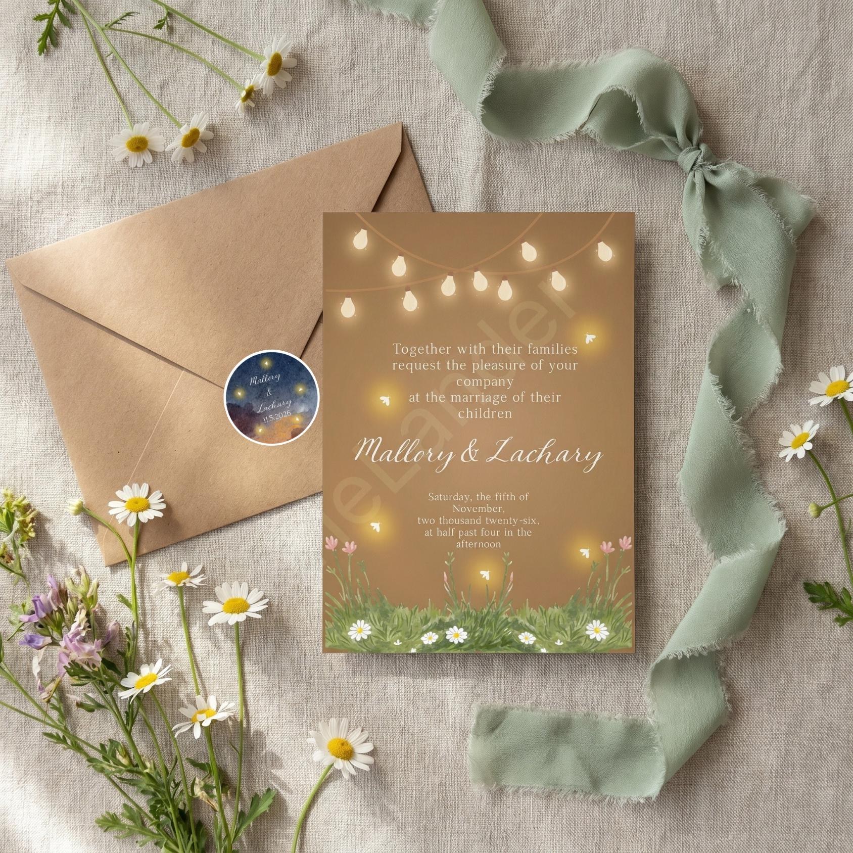 Fireflies Wedding Invitation, Printed Set, Semi Custom, Suite includes envelopes, calligraphy addresses + stamps optional, view 3
