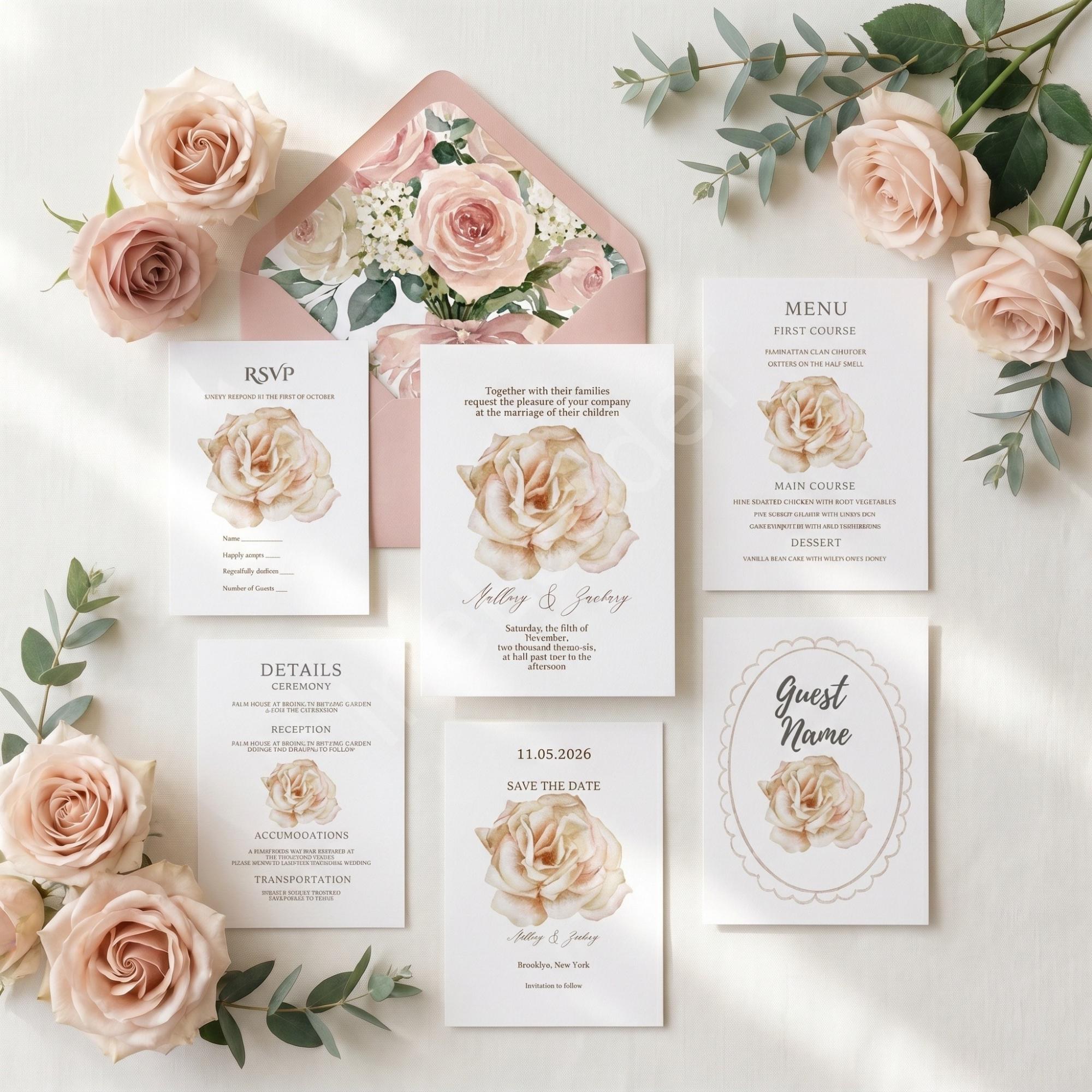 Pink Rose Wedding Invitation, Printed Set, Semi Custom Invites, includes envelopes, calligraphy + stamps optional