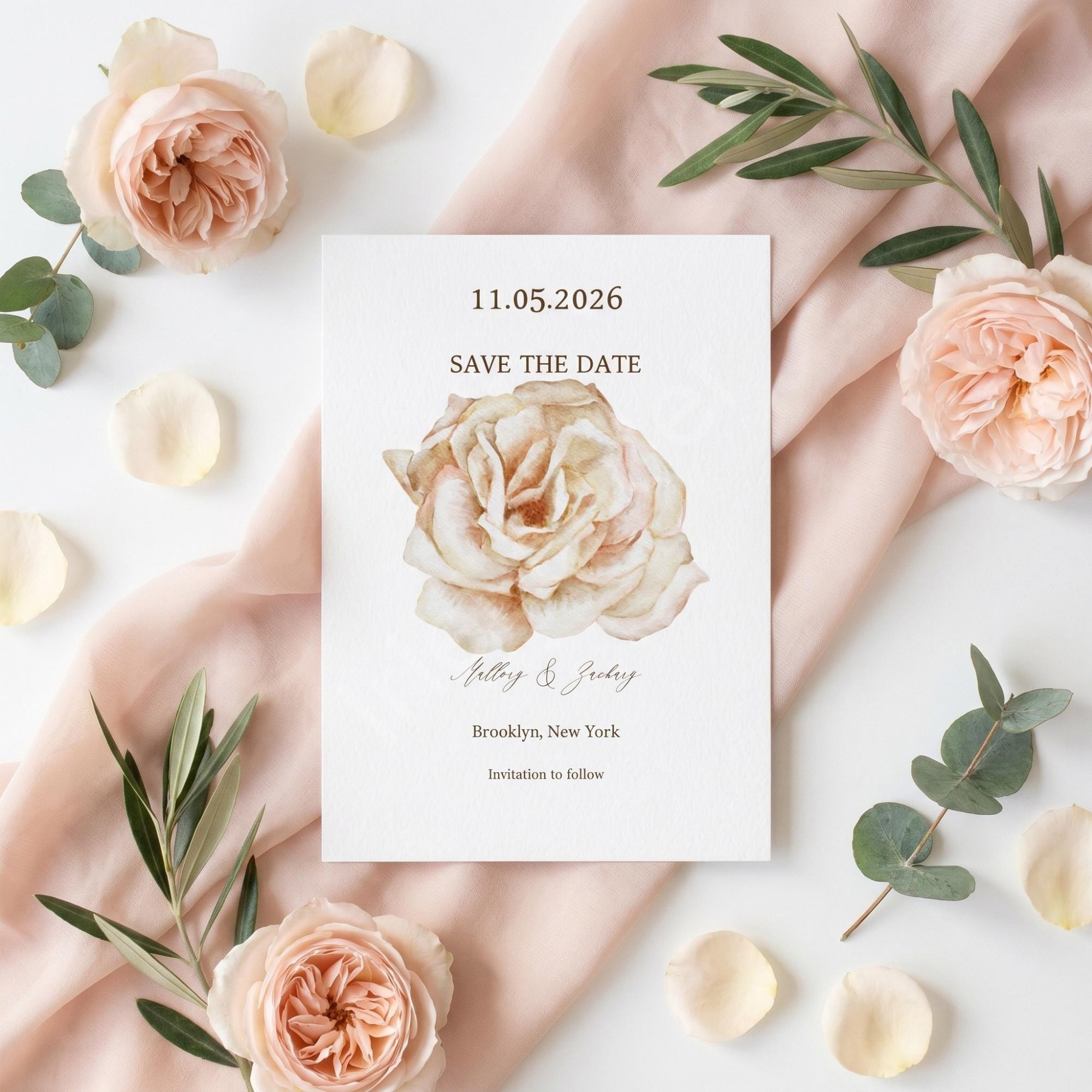 Pink Rose Wedding Invitation, Printed Set, Semi Custom Invites, includes envelopes, calligraphy + stamps optional, view 2