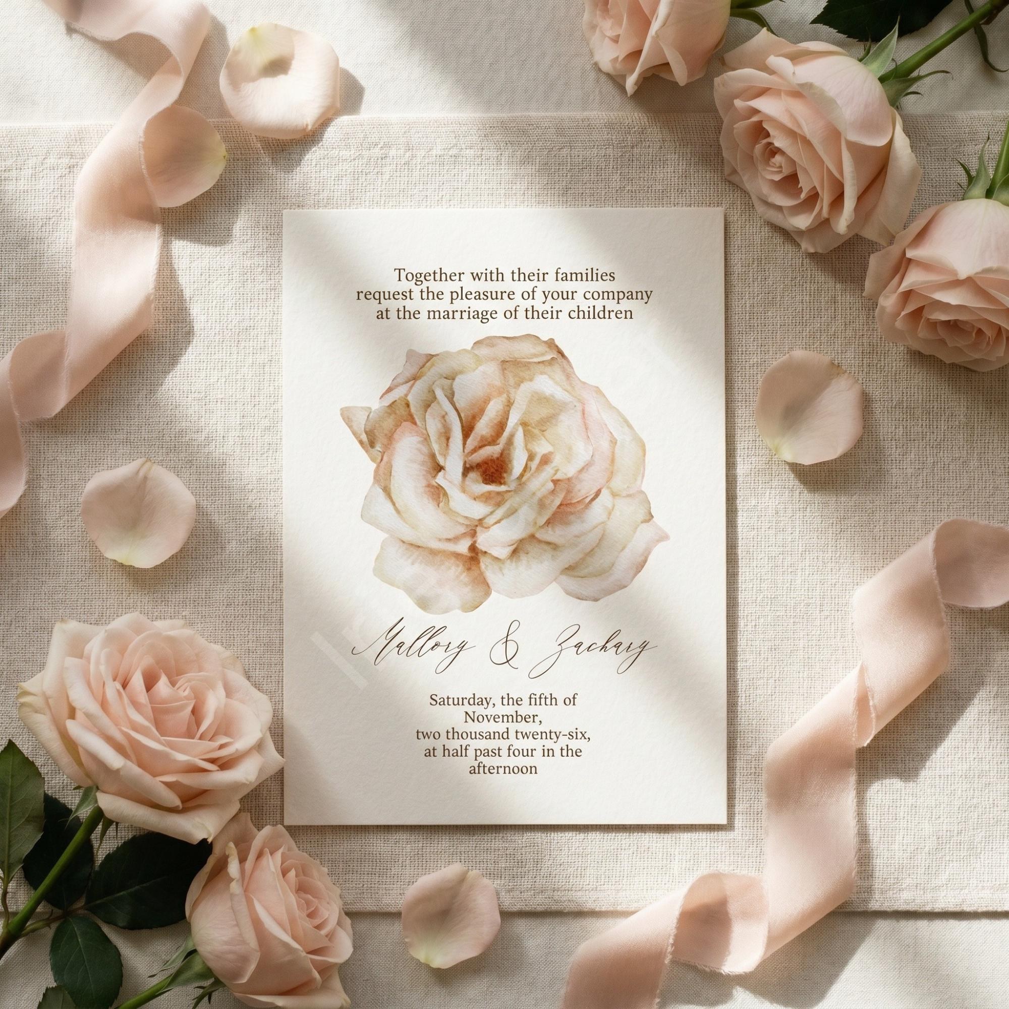 Pink Rose Wedding Invitation, Printed Set, Semi Custom Invites, includes envelopes, calligraphy + stamps optional, view 3