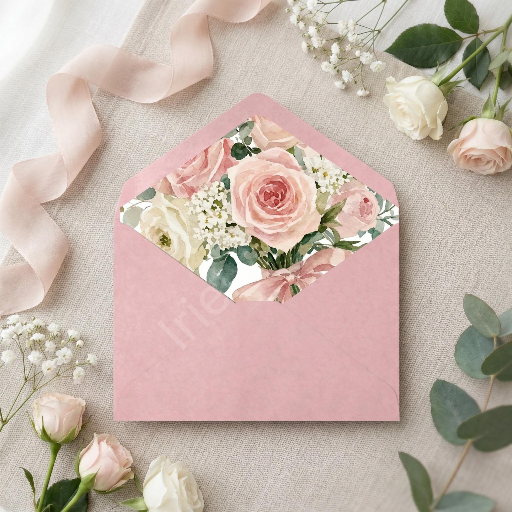 Pink Rose Wedding Invitation, Printed Set, Semi Custom Invites, includes envelopes, calligraphy + stamps optional, view 10