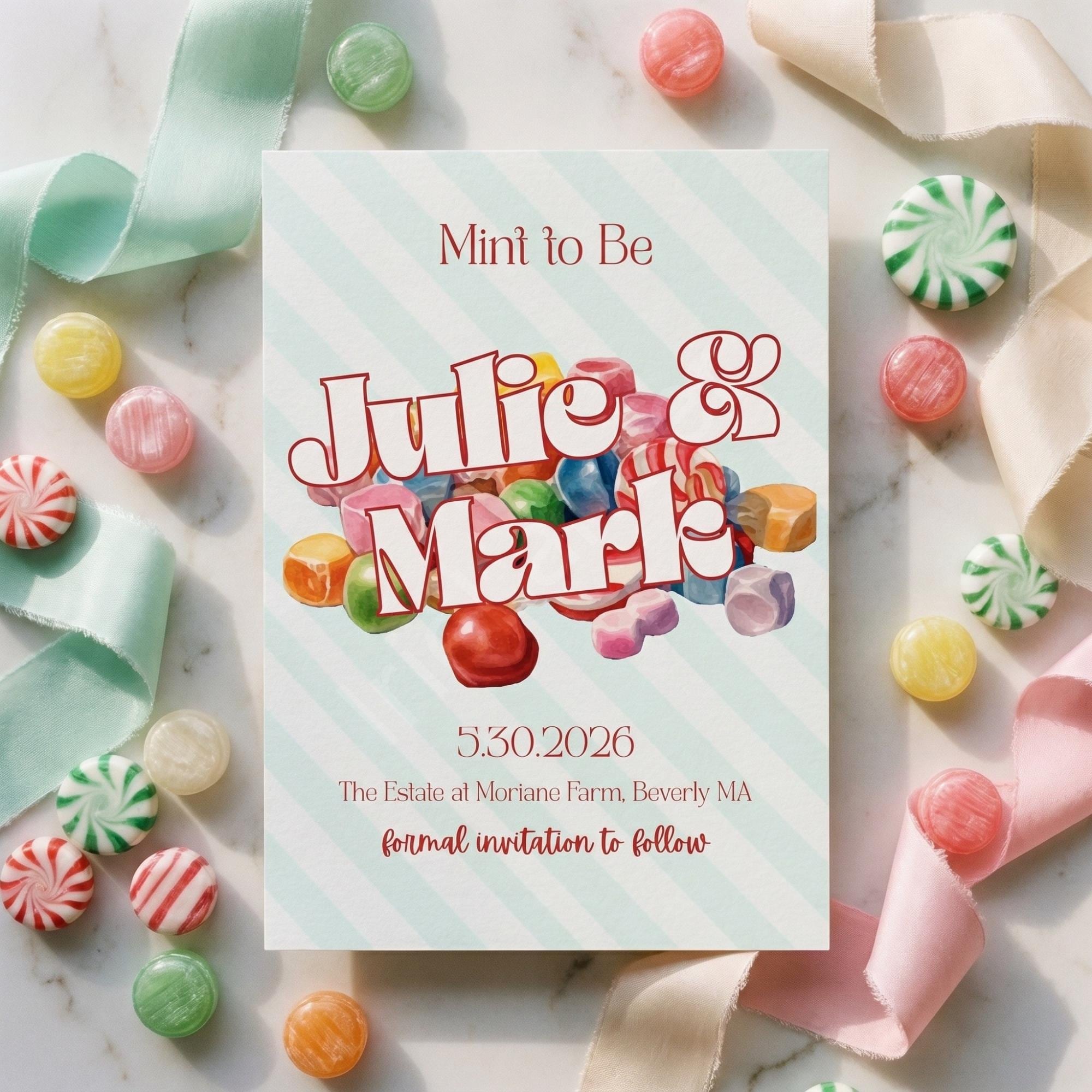 Candy Wedding Invitation, Printed Set, Semi Custom Invites, includes envelopes, calligraphy + stamps optional