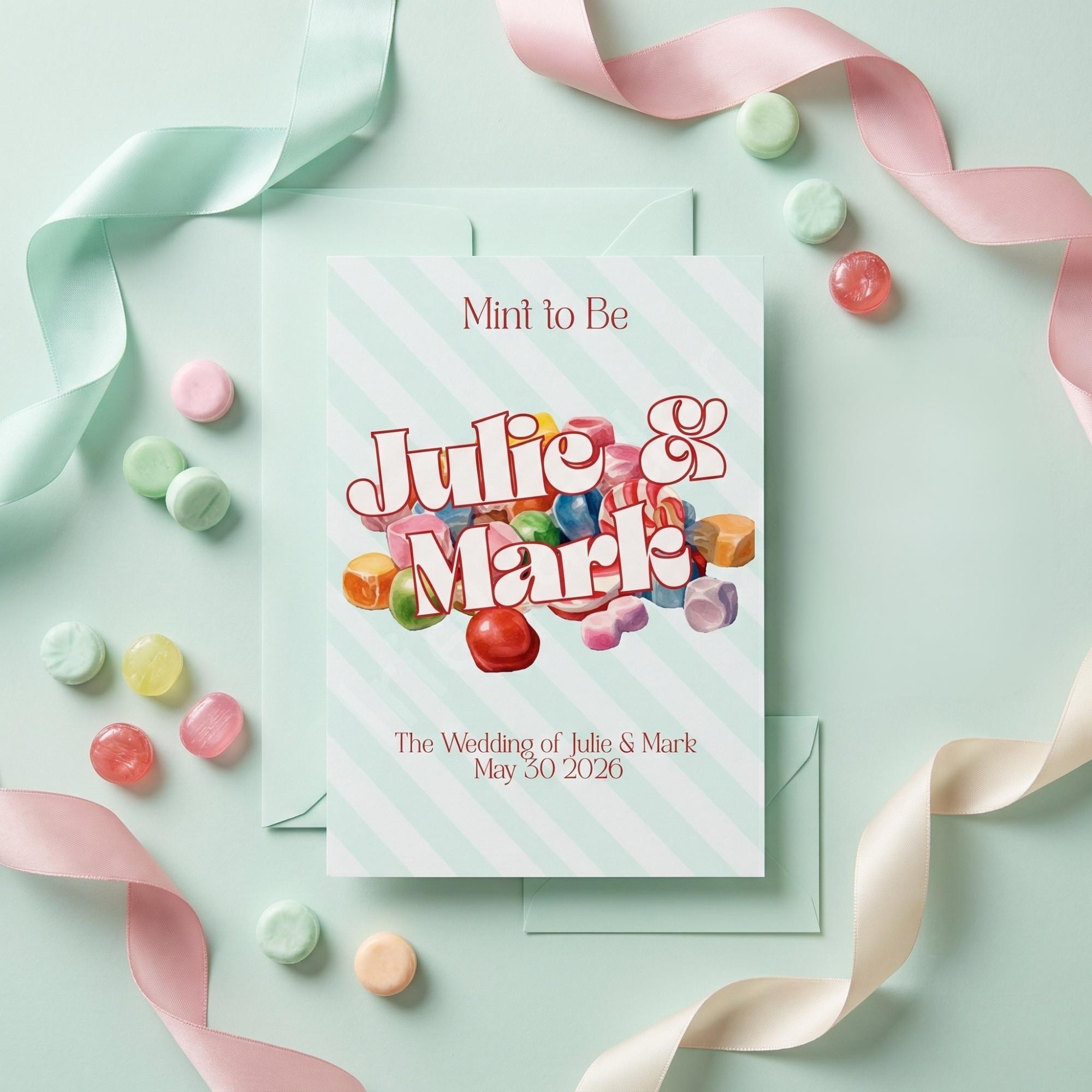 Candy Wedding Invitation, Printed Set, Semi Custom Invites, includes envelopes, calligraphy + stamps optional, view 2