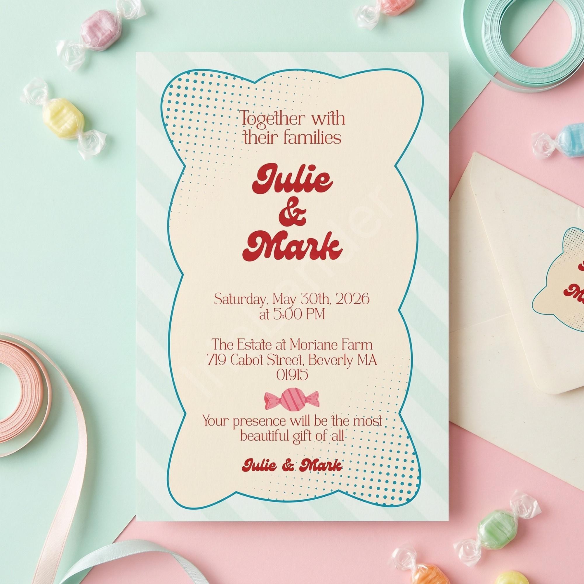Candy Wedding Invitation, Printed Set, Semi Custom Invites, includes envelopes, calligraphy + stamps optional, view 3
