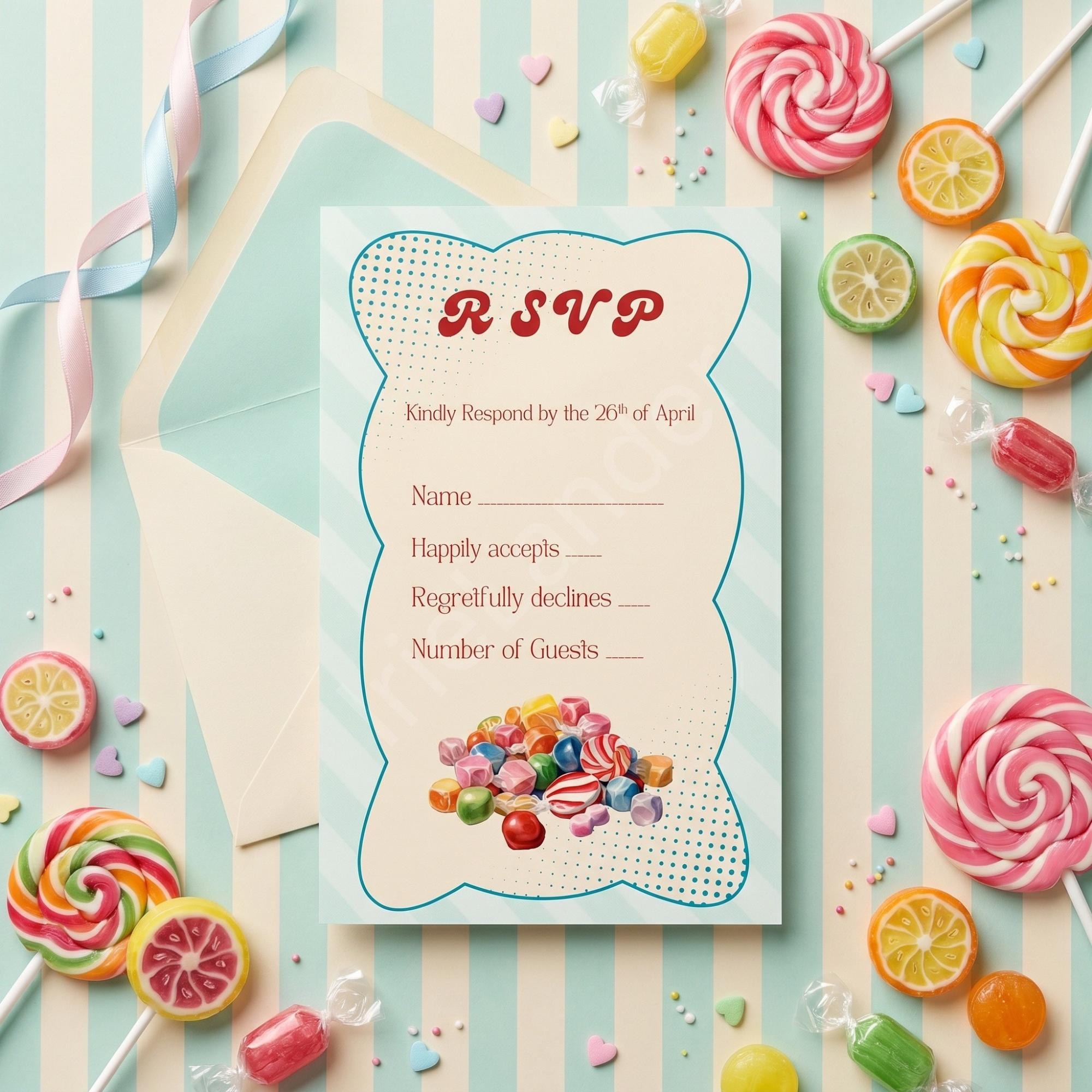 Candy Wedding Invitation, Printed Set, Semi Custom Invites, includes envelopes, calligraphy + stamps optional, view 4